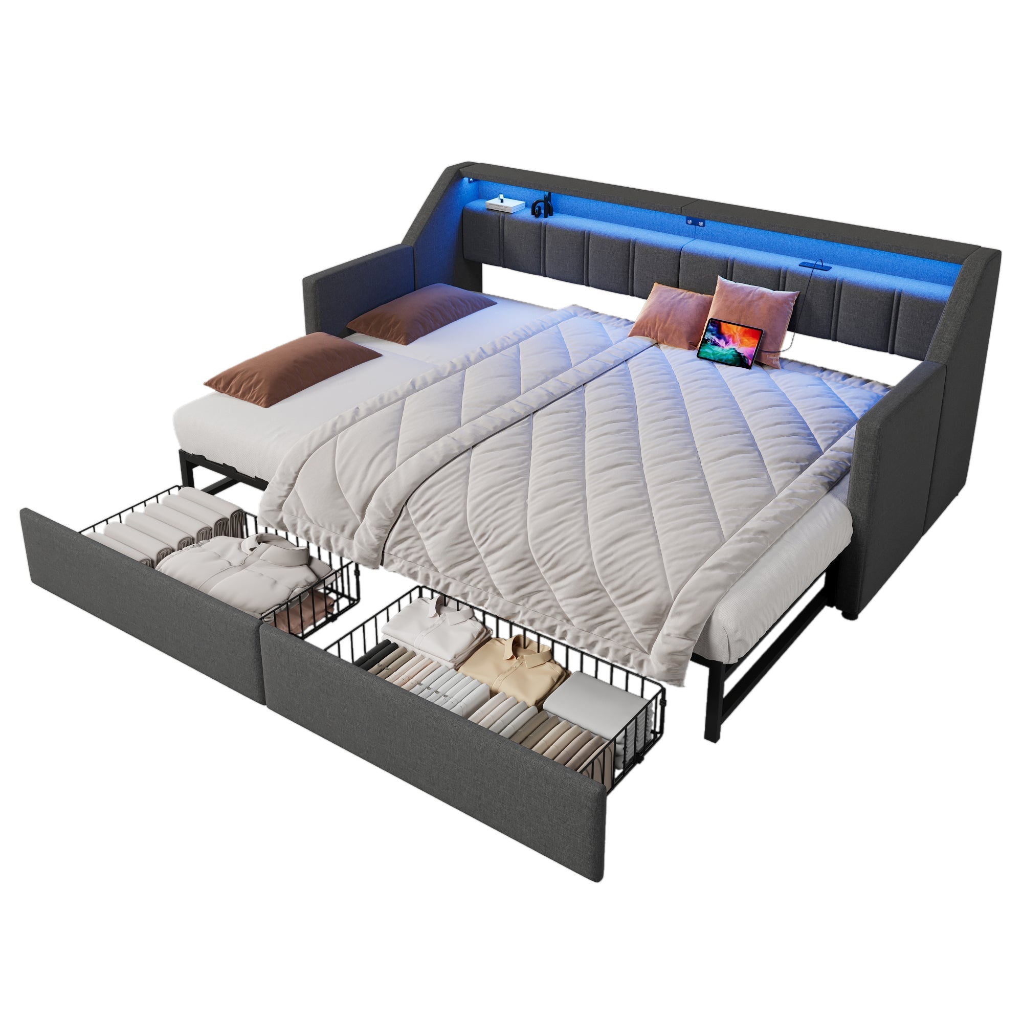 Daybed Sofa Bed Pull-out 90x200cm USB Type-C LED 2 Drawers Grey