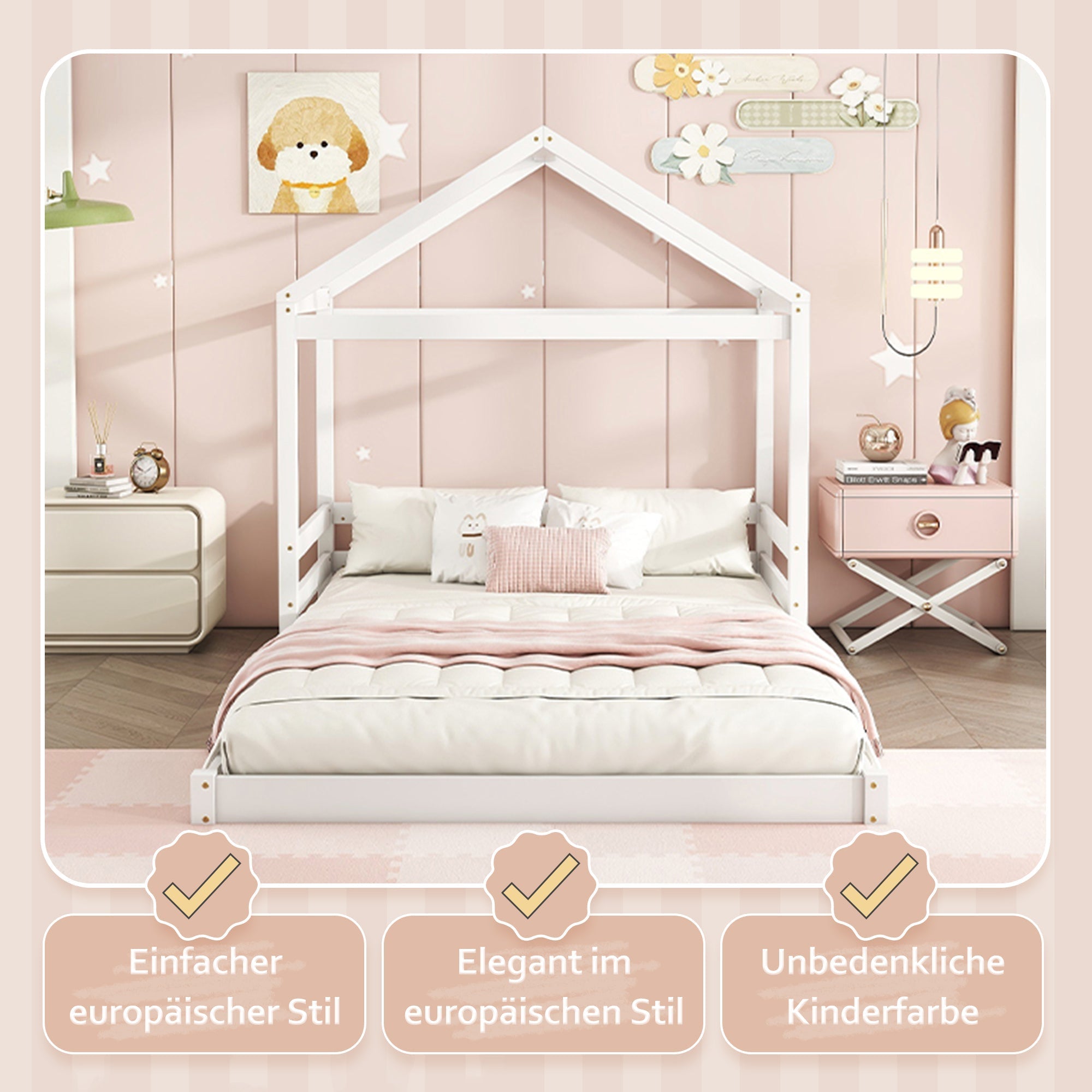House Bed 140x200cm House Shape Slatted Base - White Pine
