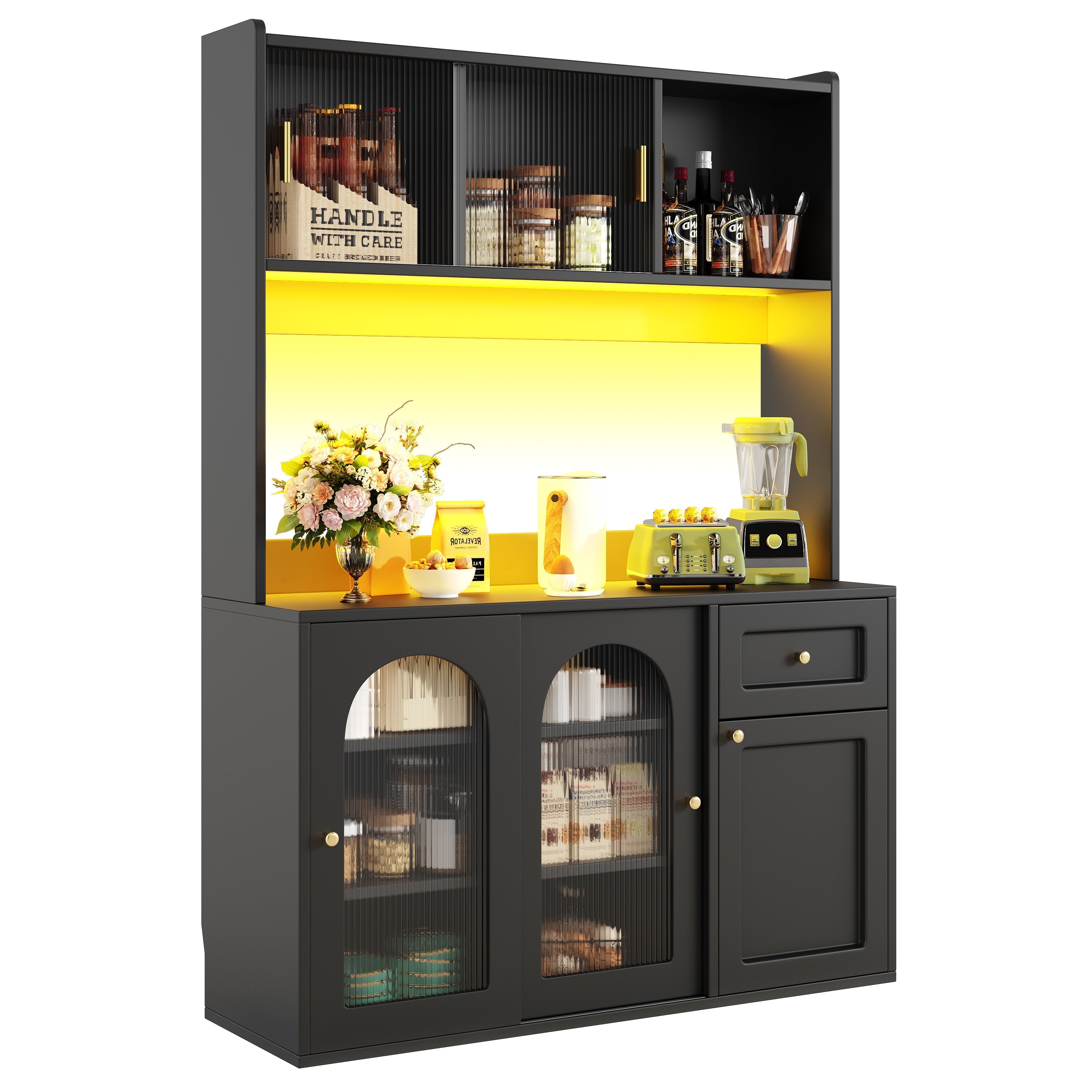 Kitchen Cabinet Tall Display Sideboard w/ Adjustable Shelves, LED Lighting, White/Black