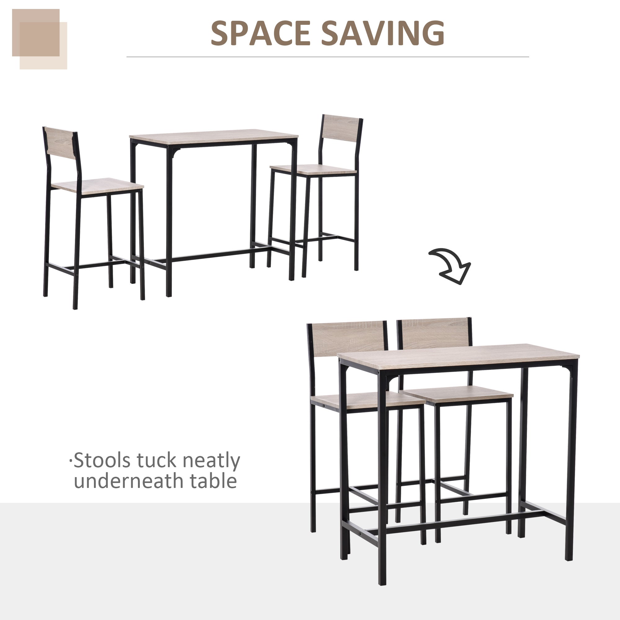 3 Pcs Table Stool Set Industrial Design Metal Frame Oak Tone MDF