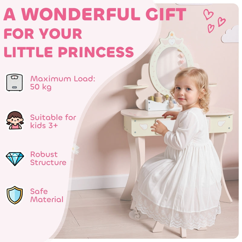 Kids Dressing Table Vanity Set with Mirror Stool Drawer Storage Pink