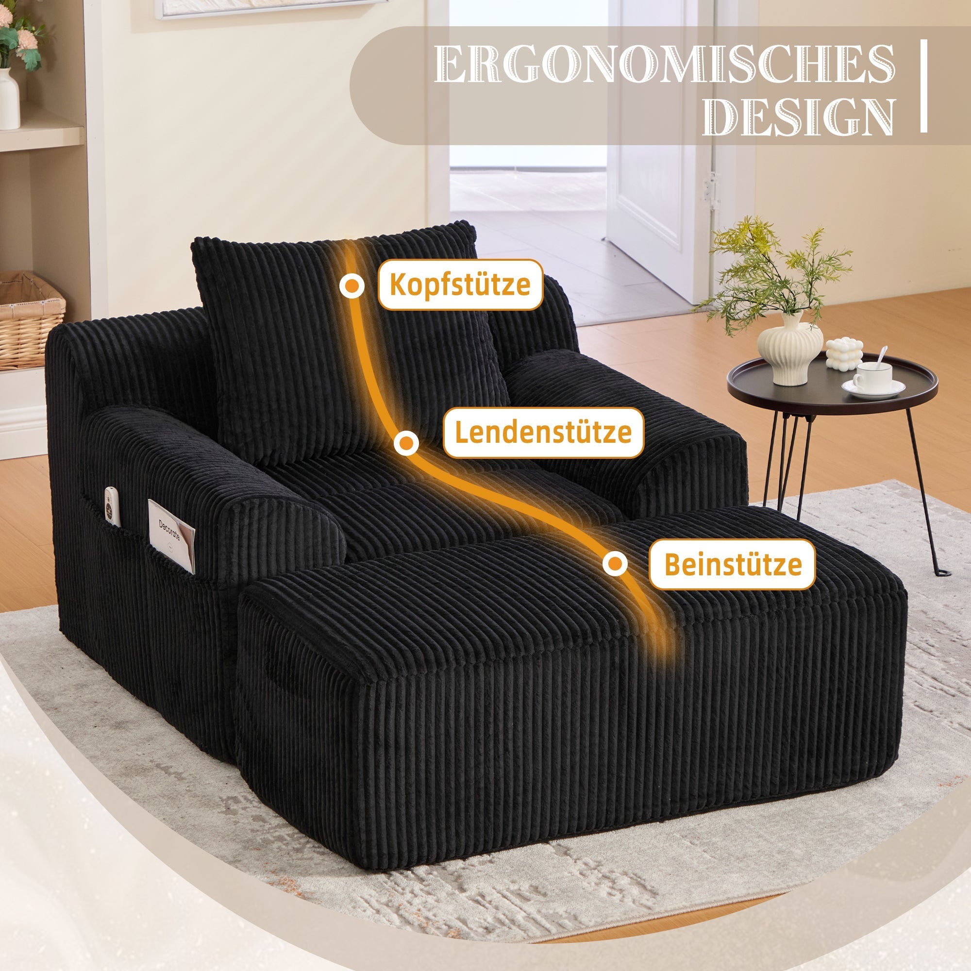 Oversized Sofa Chair, Deep Seat Boneless Upholstered with Side Pockets, Corduroy