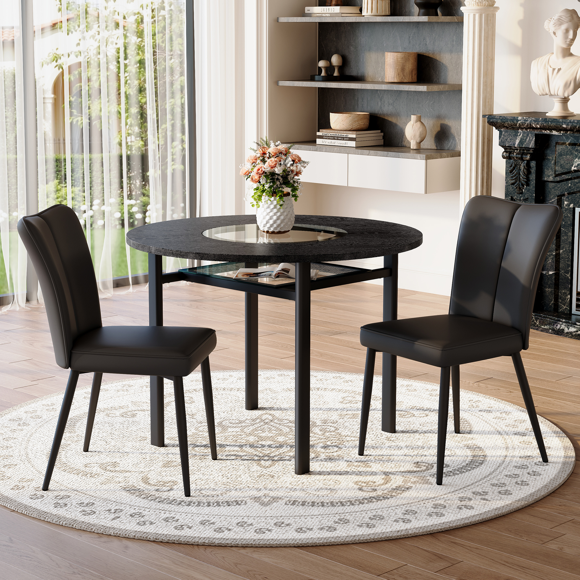Round Table Set 100cm Diameter Modern Minimalist with 2 Armchairs Black Wood Look