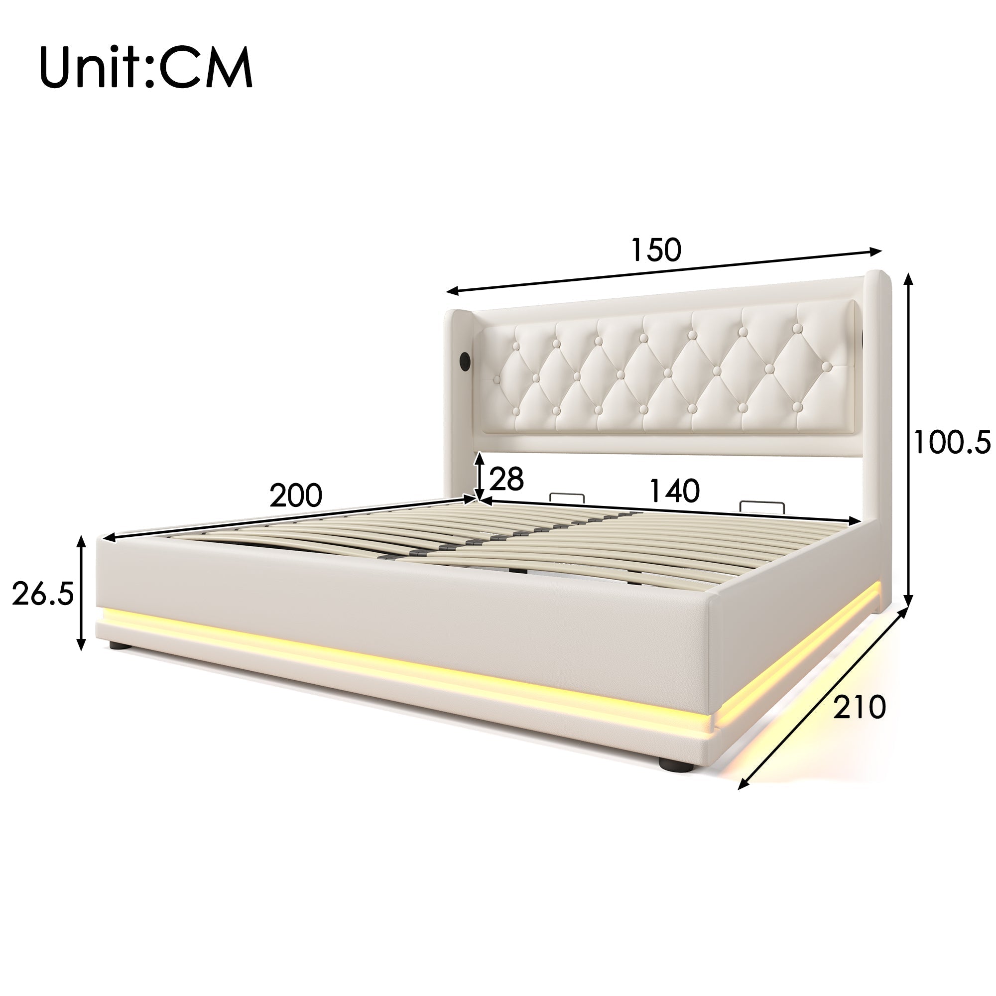 Upholstered Double Bed, 140*200cm Hydraulic Storage with LED & USB, White PU