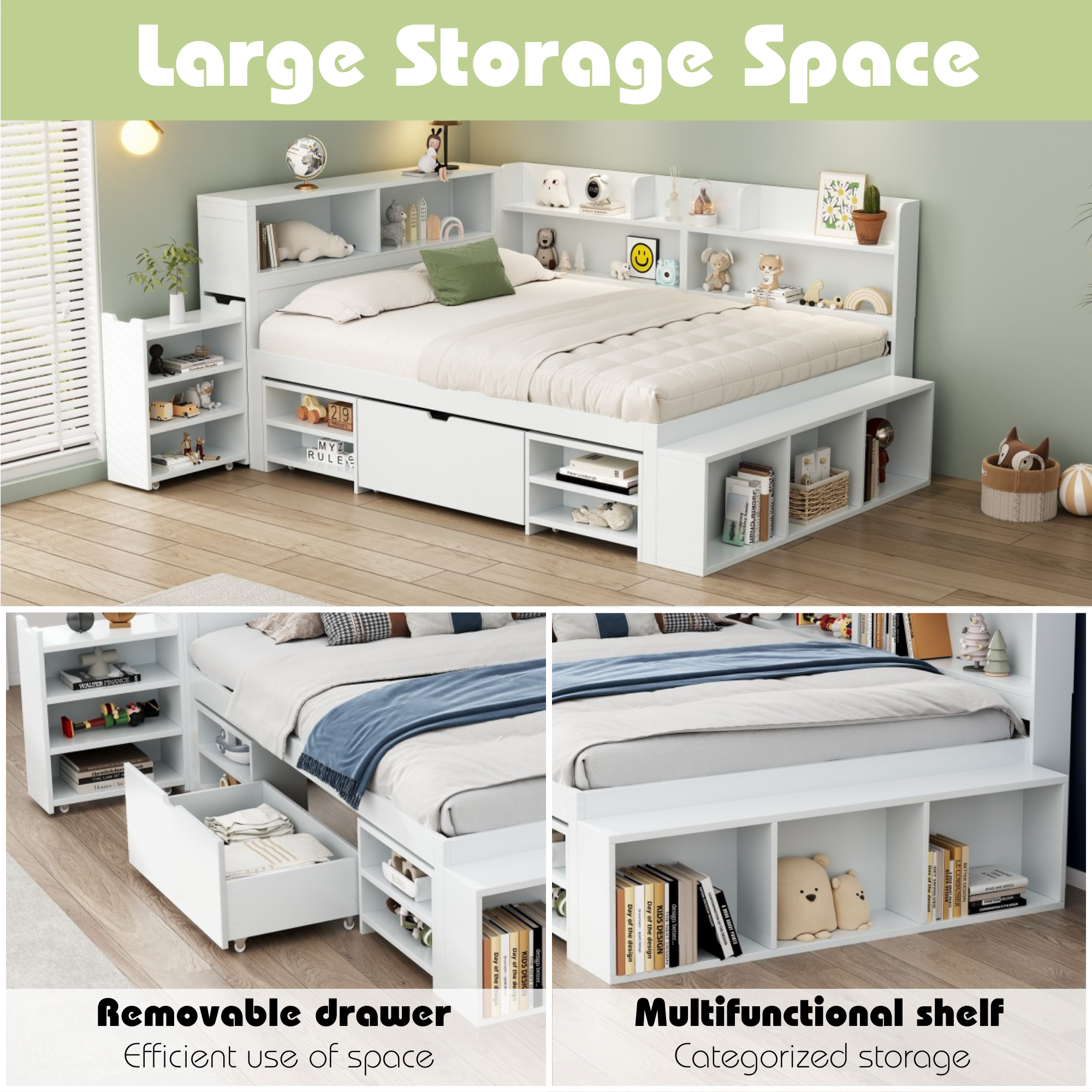 Children's Bed Double 4ft6 (135x190cm) with Drawers, Bookcase & Storage Cupboard, White