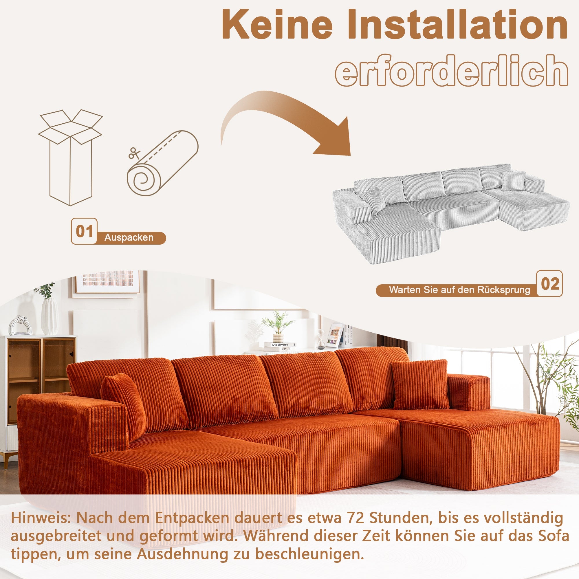 Modern U-Type Leisure Sofa with Modular Non-Assemblable Design and Lounge Chairs, Lamp Fabric