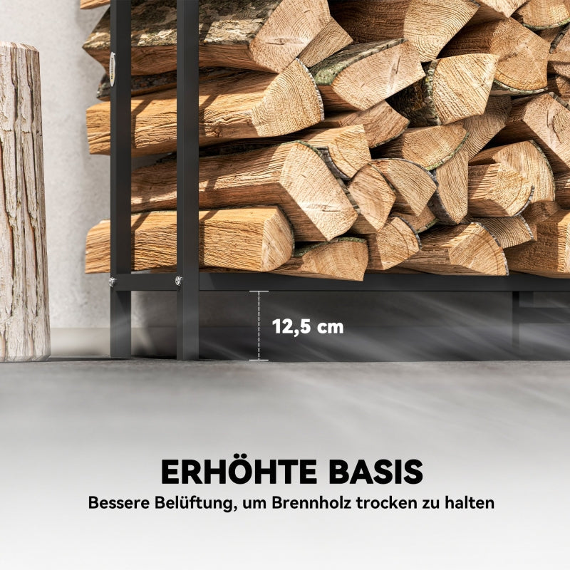 Firewood Rack 199x30x121cm, 0.6m³ Storage with Waterproof Cover, 300kg Capacity, Metal