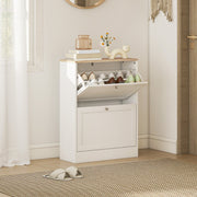 Two Flip Drawer Shoe Cabinet, Slim Storage Adjustable Shelves, White