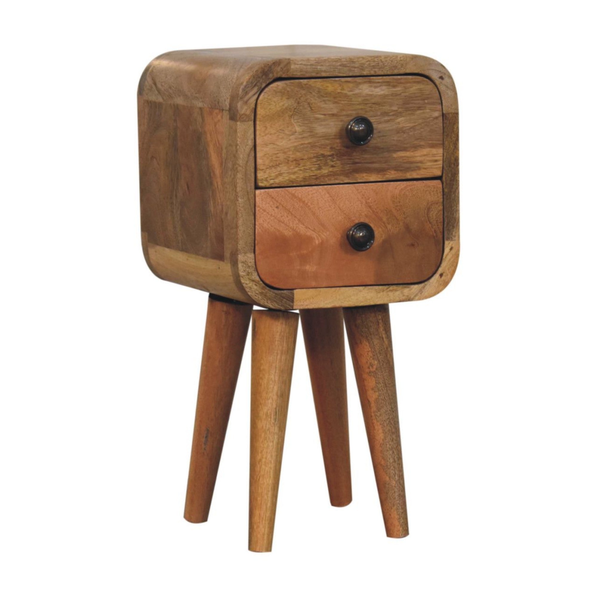 Solid Wood Bedside, Extra Mini Curved 2 Drawers, Brown