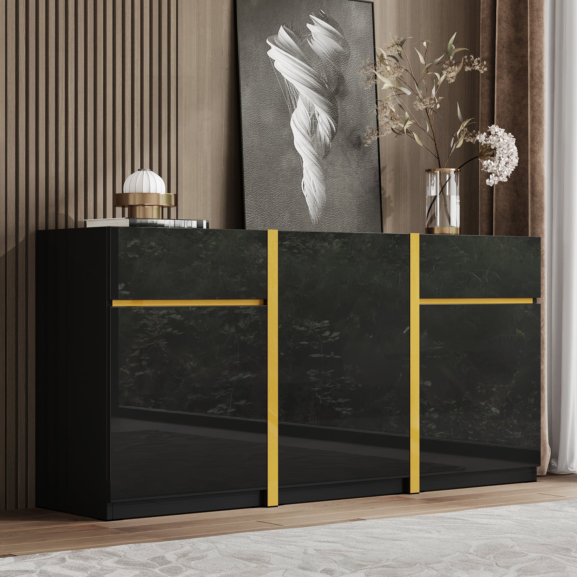 Luxurious Sideboard with 3 Doors and 2 Drawers, High-Gloss Lacquer Finish