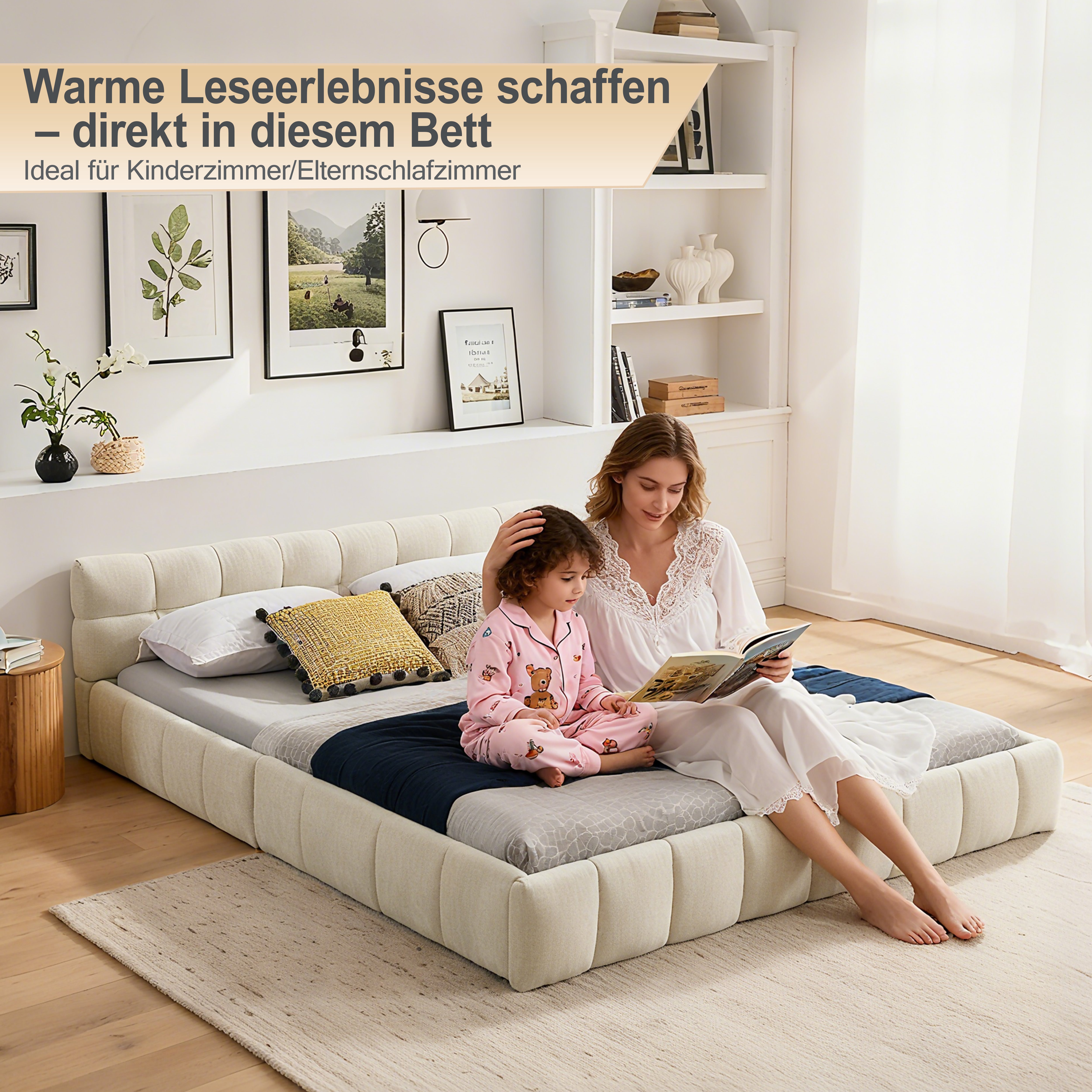 Double Bed 160x200cm, Chenille Quilted Eucalyptus Wood Frame, Beige