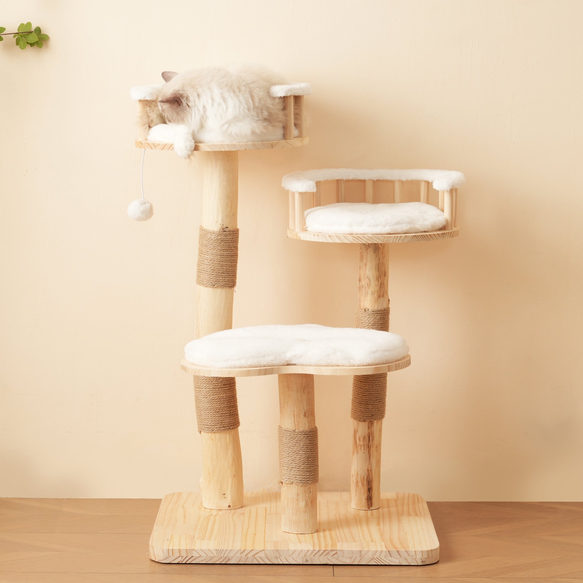Designer Cat Climbing Frame, 98cm 3-Step Springboard Cloud Imitation, Solid Wood Natural