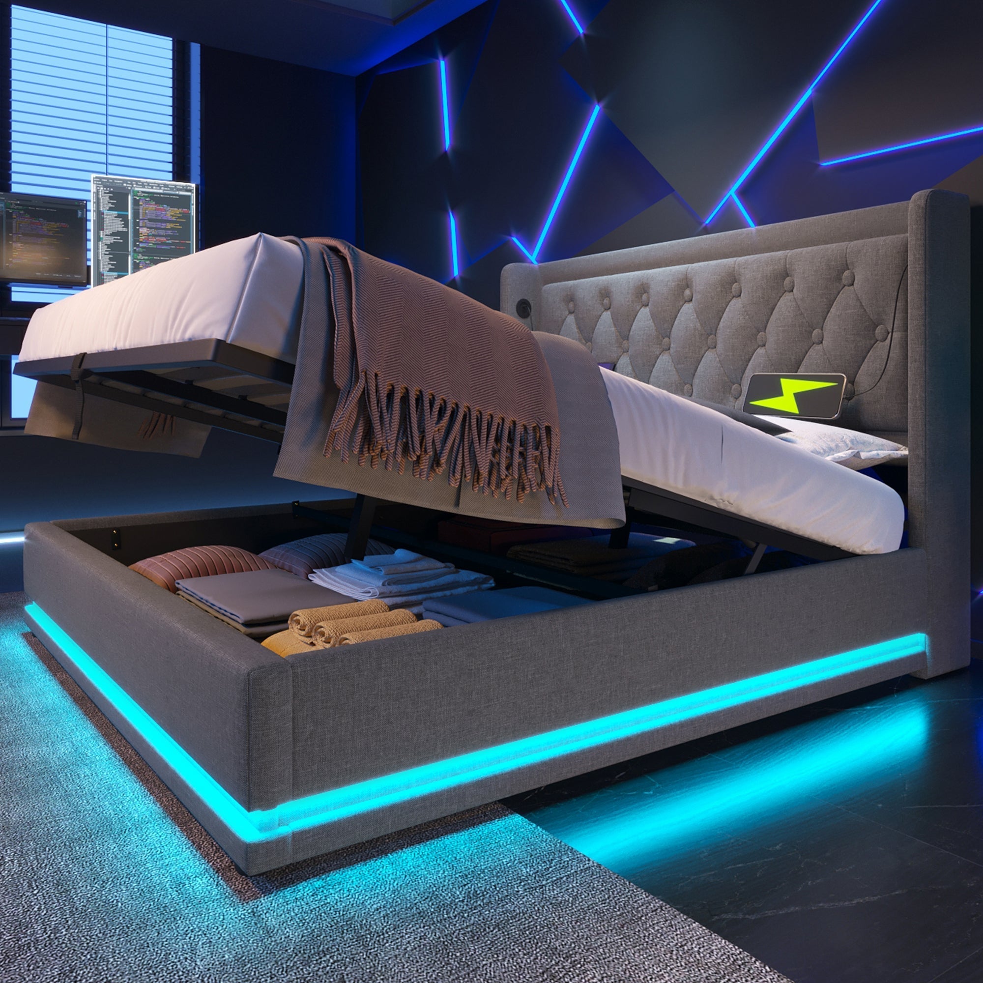 Upholstered Double Bed, 140*200 cm, Hydraulic Storage with USB & LED, Gray Cotton