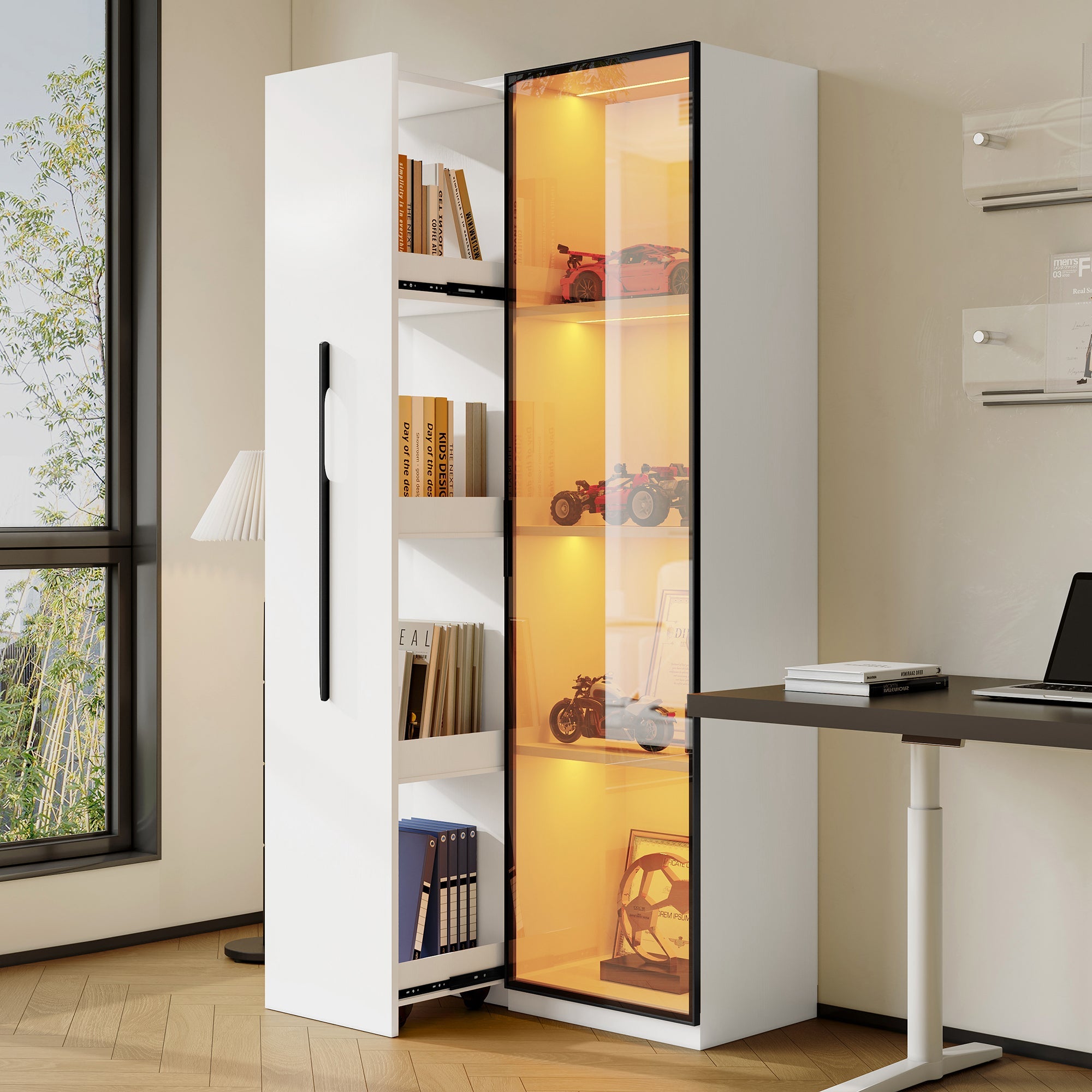 Multifunctional Cabinet 160cm Glass Doors LED Lighting, Aluminum Frame