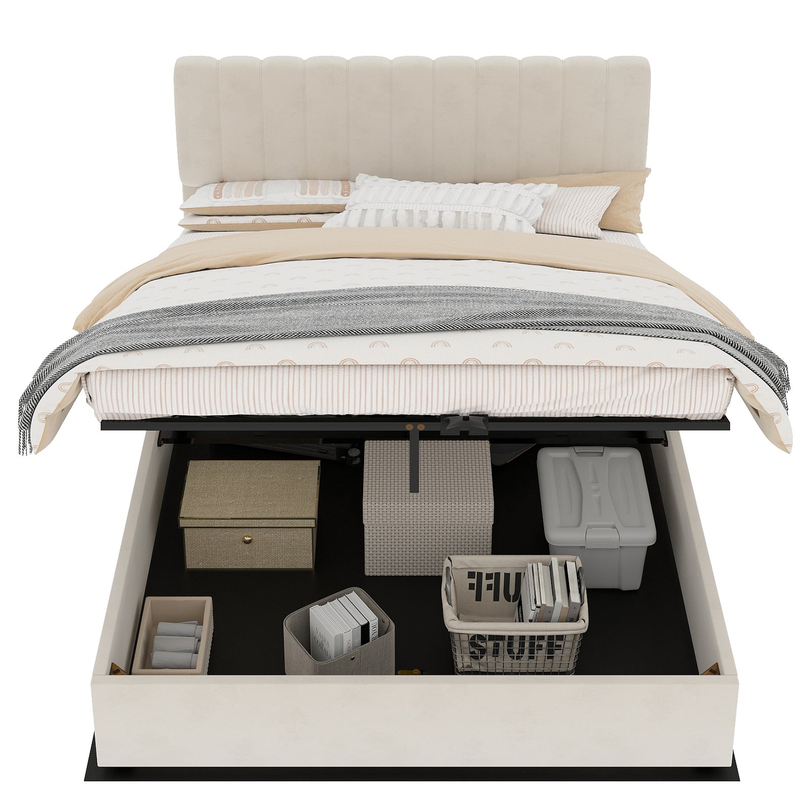 Upholstered Bed 140x200cm Gas Lift Storage Soft Headboard - Beige