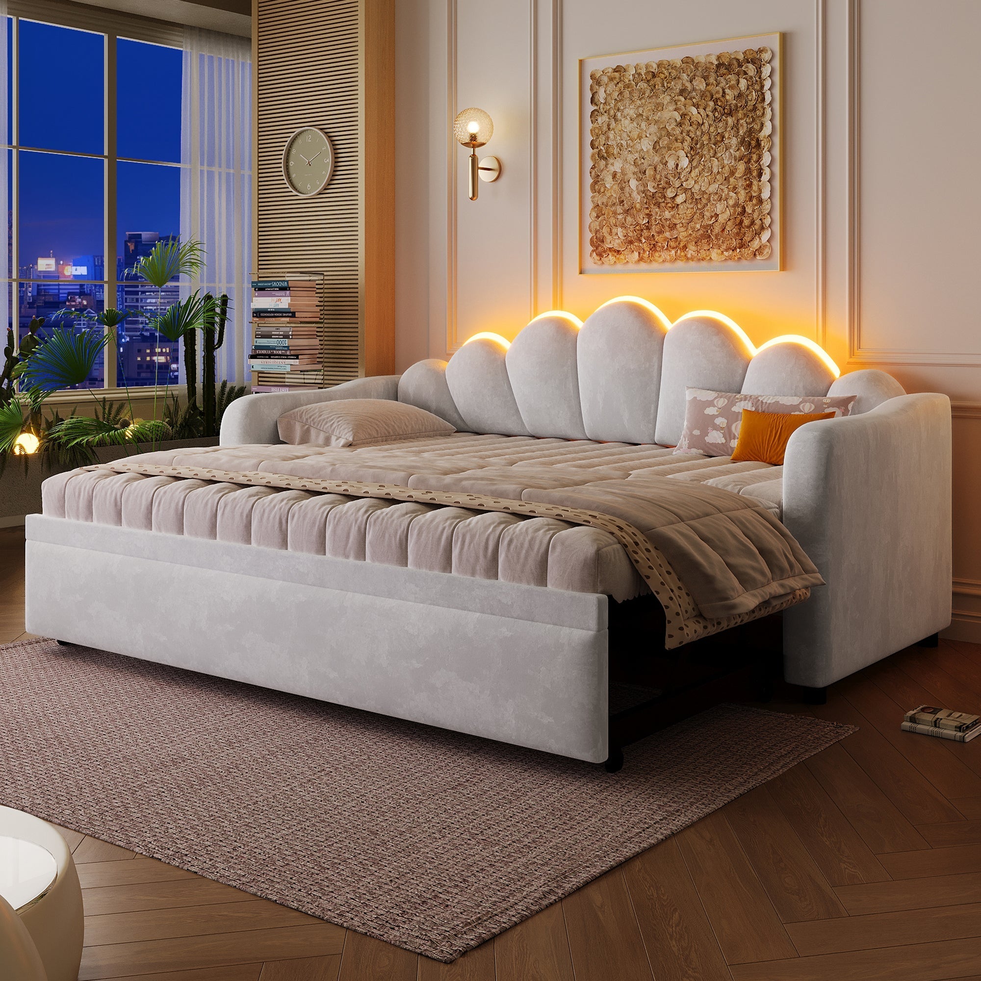 Upholstered Daybed with Pull-out Function and LED Lighting, 90x200cm, Grey