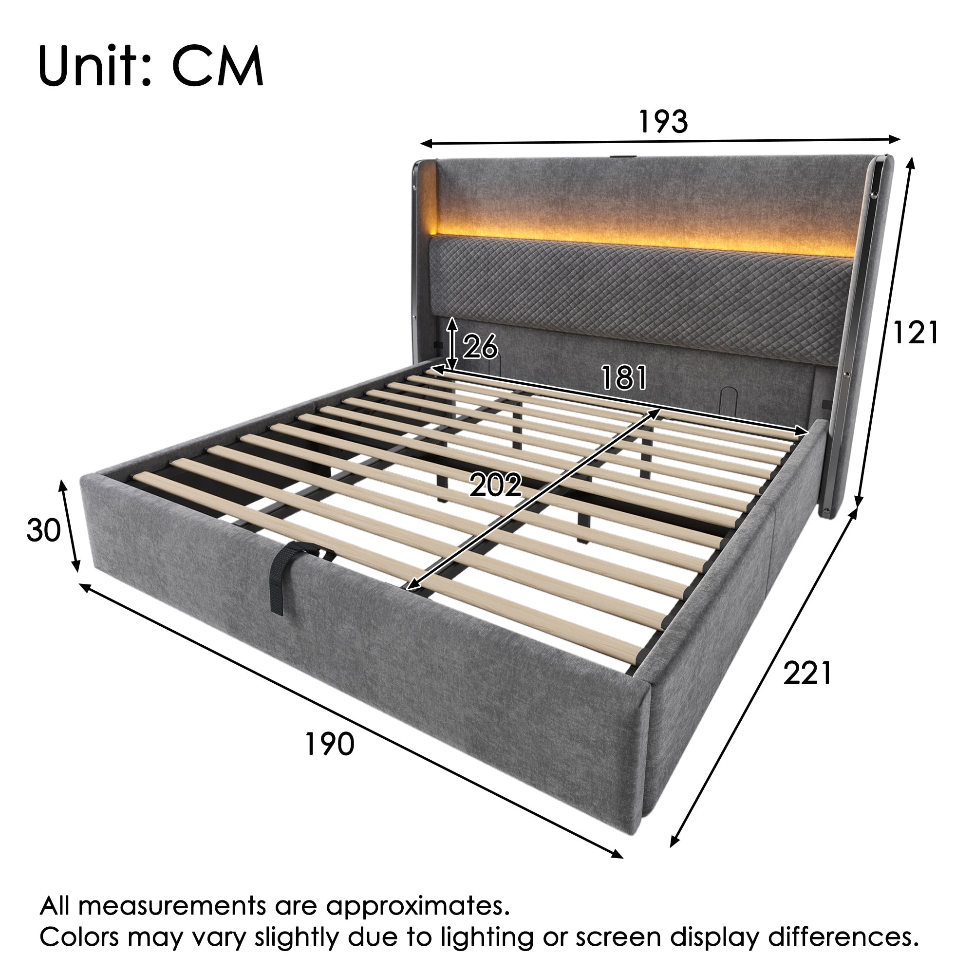 Hydraulic Bed 180x200cm High Headboard LED Storage USB/Type-C, Linen Look Grey (With Mattress)