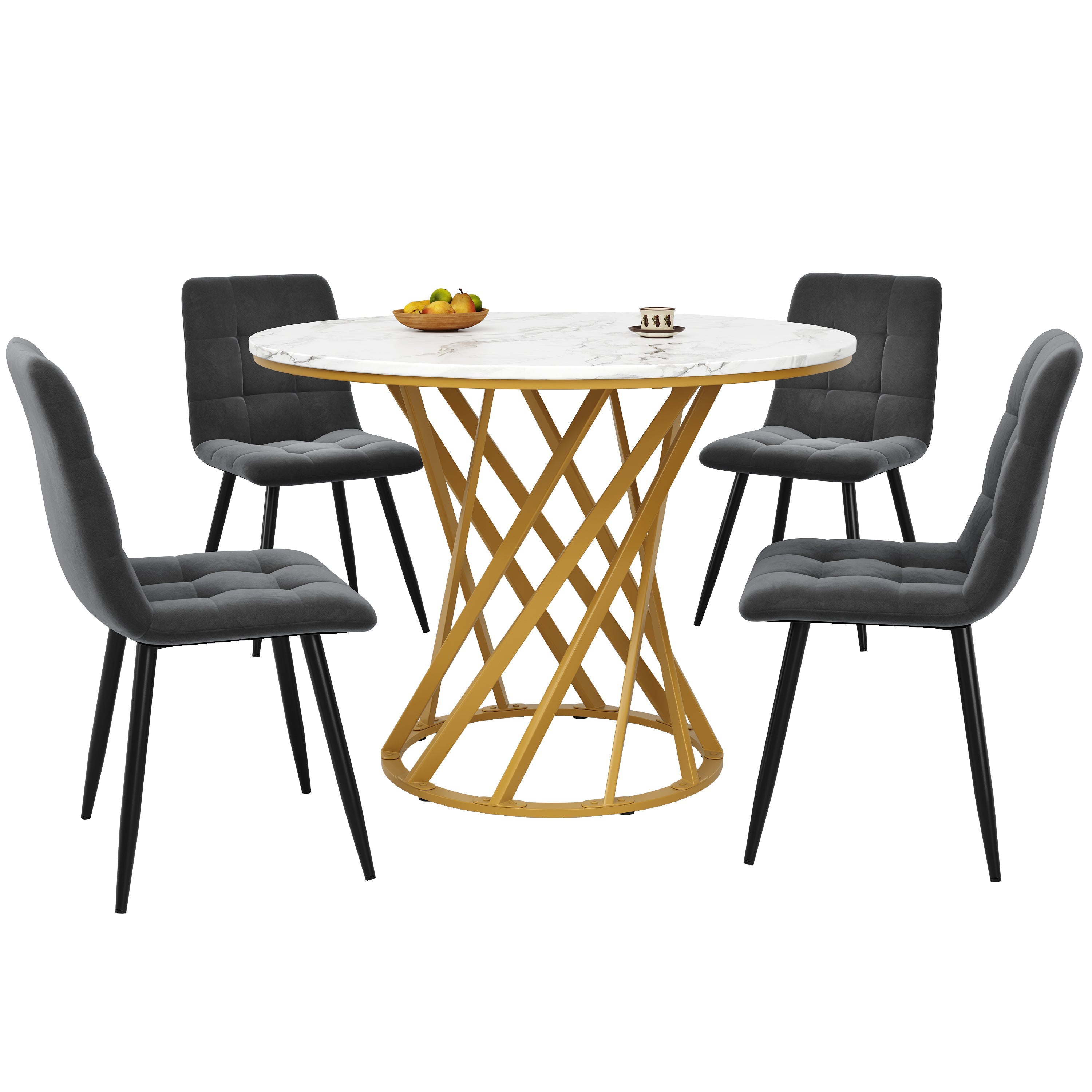 5-Piece Dining Set, Round 80cm Kitchen Table Gold Metal Legs, Dark Grey Velvet / White MDF