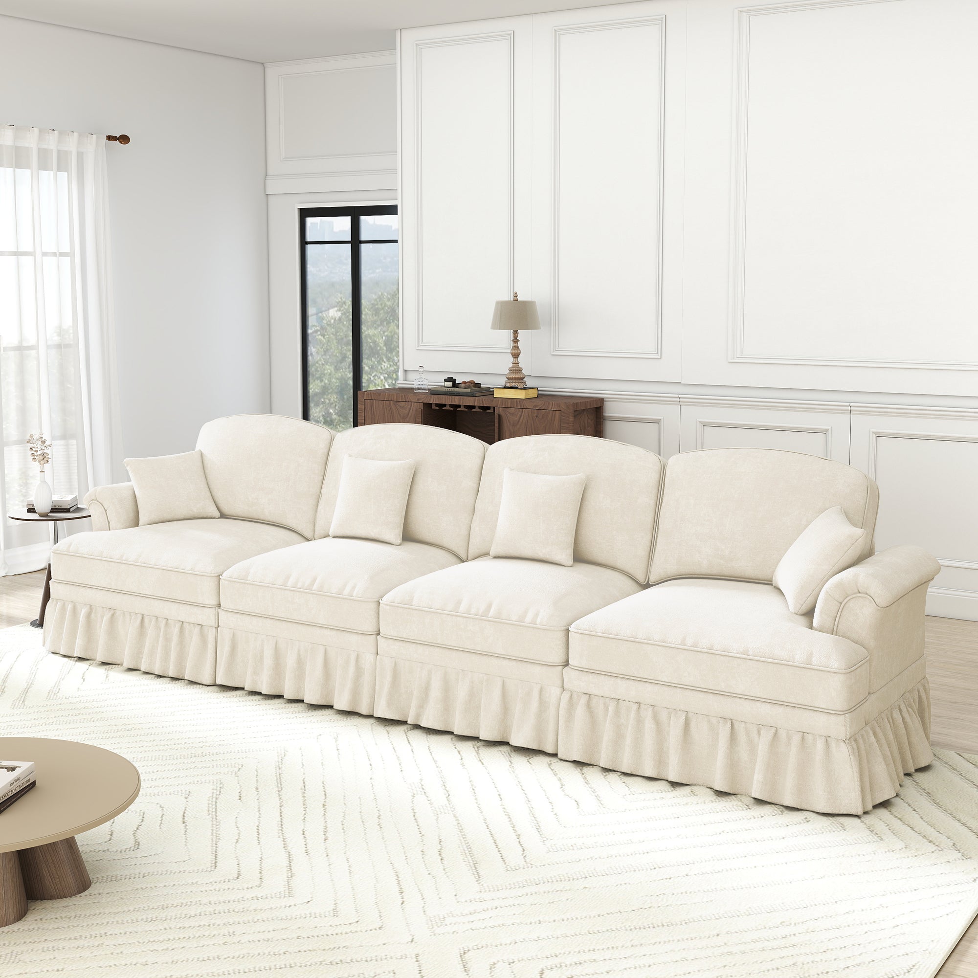 Elegant 4-Seater Sofa Mid-Century Ruffled Apron Spindle Legs - White Chenille