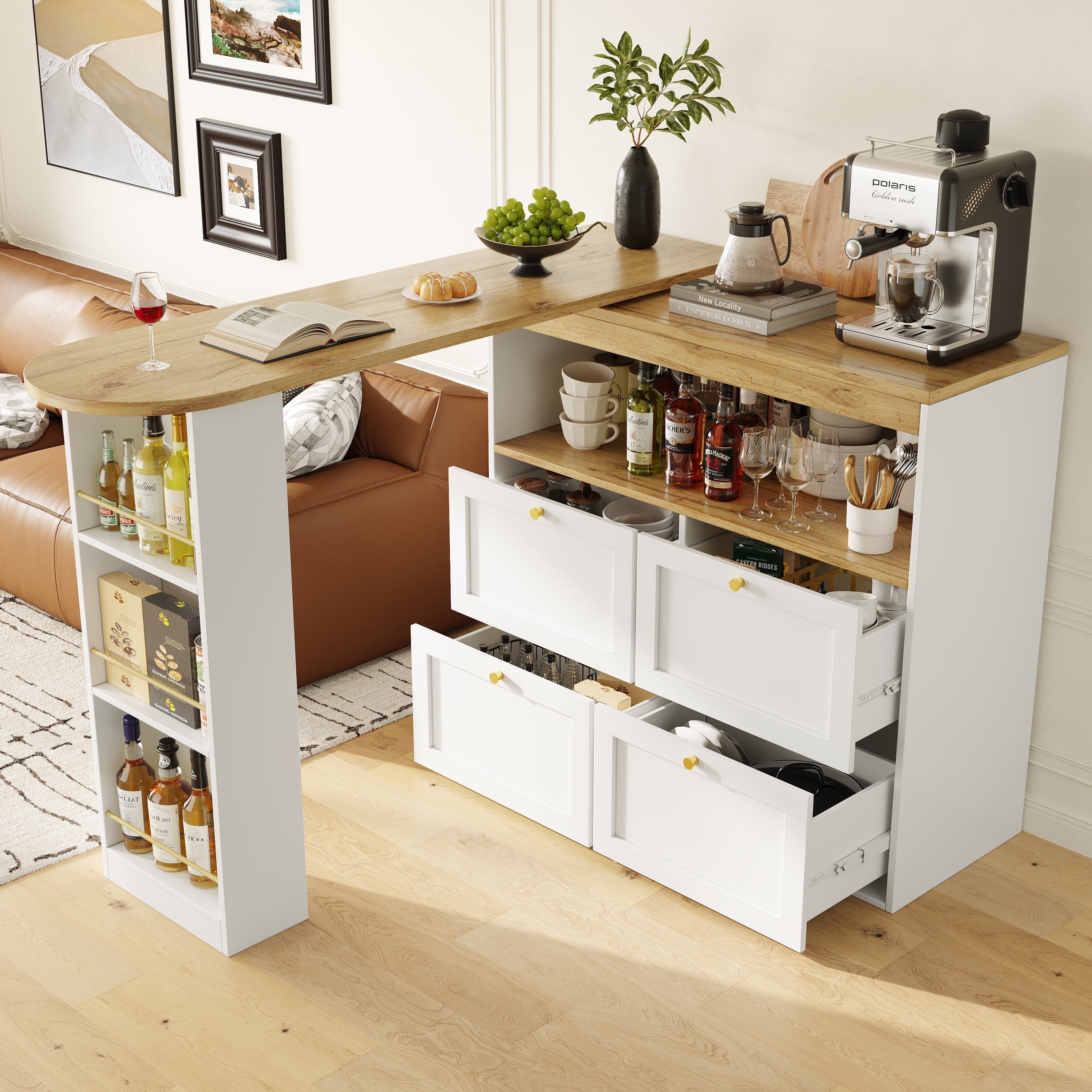 Rotating Standing Table 360° with 4 Drawers & Open Shelves - White