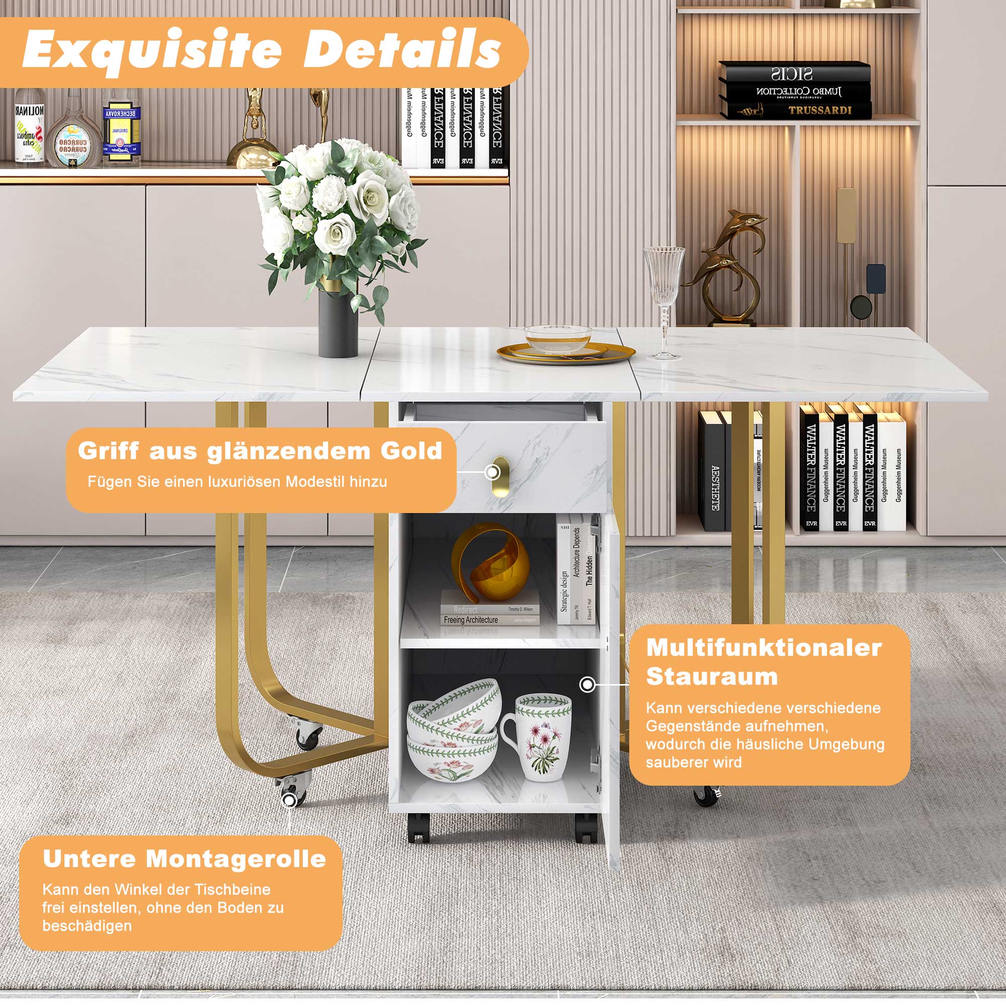 Folding Dining Table, Cabinet & 2 Drawers, Space-Saving, White/Gold