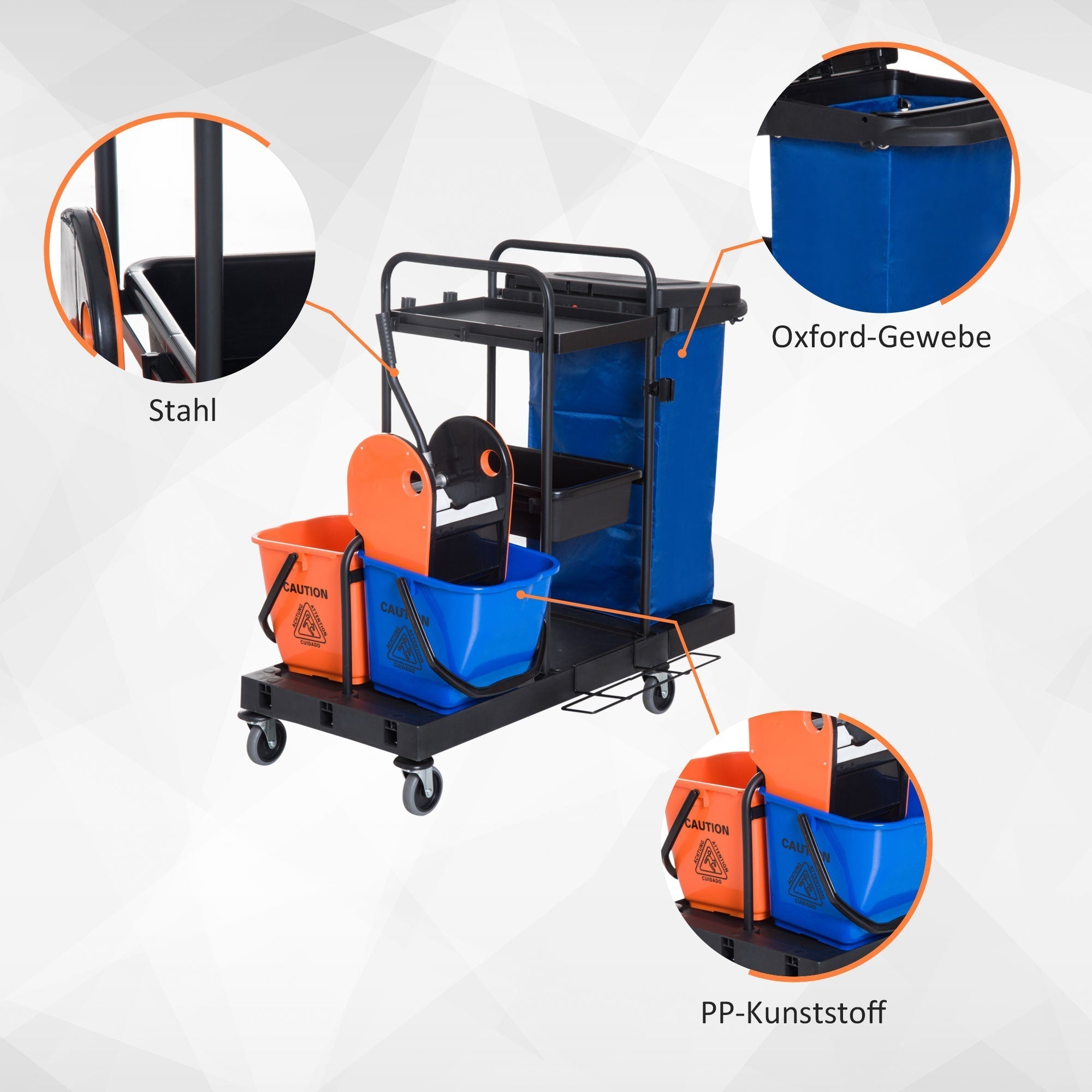 Cleaning Trolley 4-Wheel System Professional Cleaning 111x63.3x103cm, Black/Blue/Orange