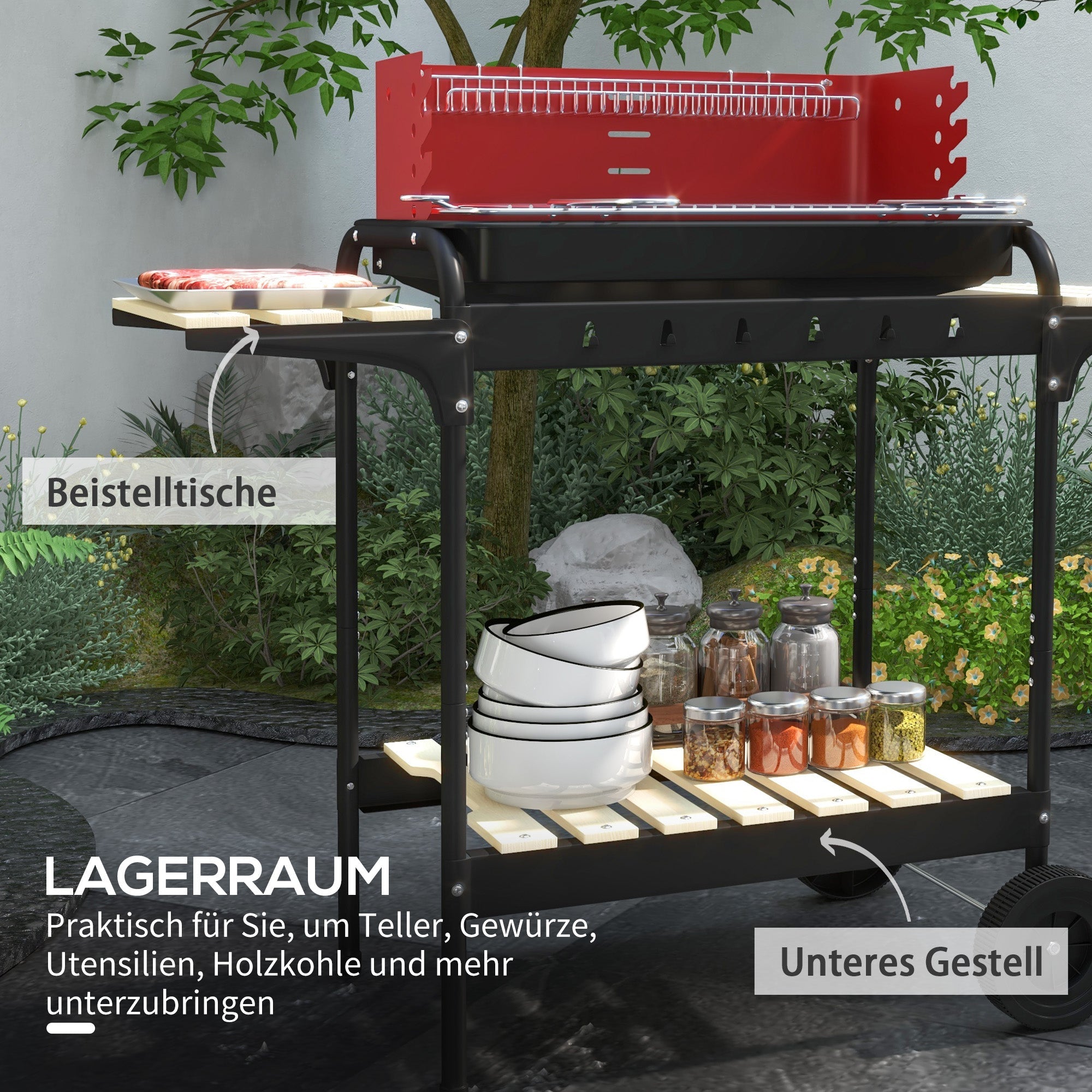 Metal Charcoal Grill BBQ Smoker Mobile with Wheels Adjustable Grate Wood Shelf