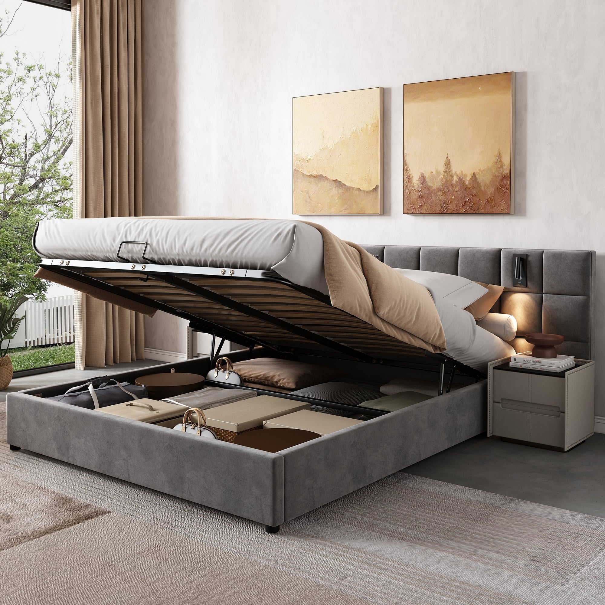 Upholstered Bed, Double 4ft6 Hydraulic Storage with Lamp and USB, Velvet Grey