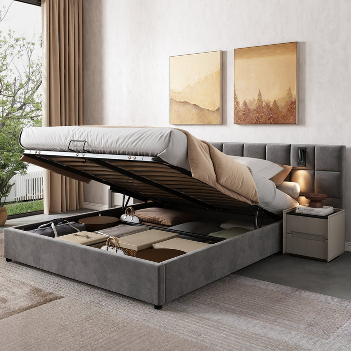 Upholstered Bed Super King Size 6ft Hydraulic Storage with Lamp and USB Charging Velvet Grey
