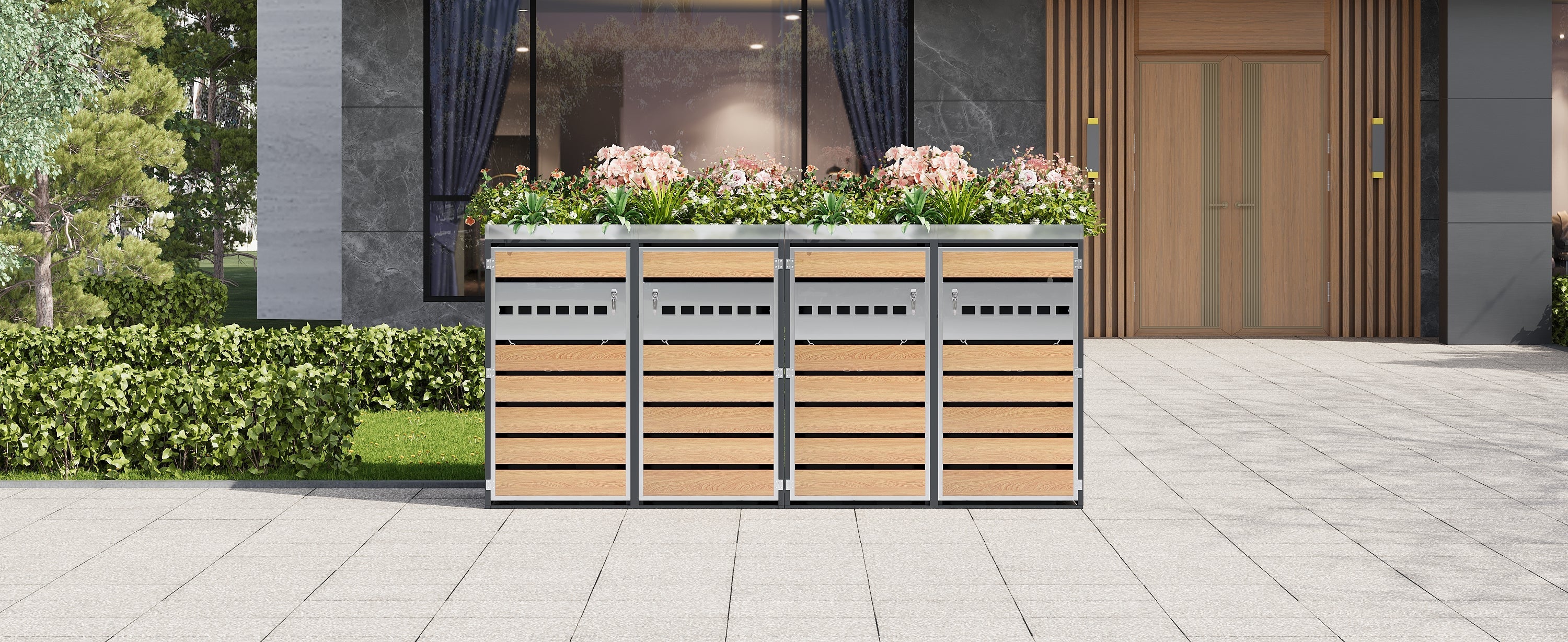 Garbage Can Enclosure with Diamond Ventilation and Four Lockable Doors, Planting Area, Steel