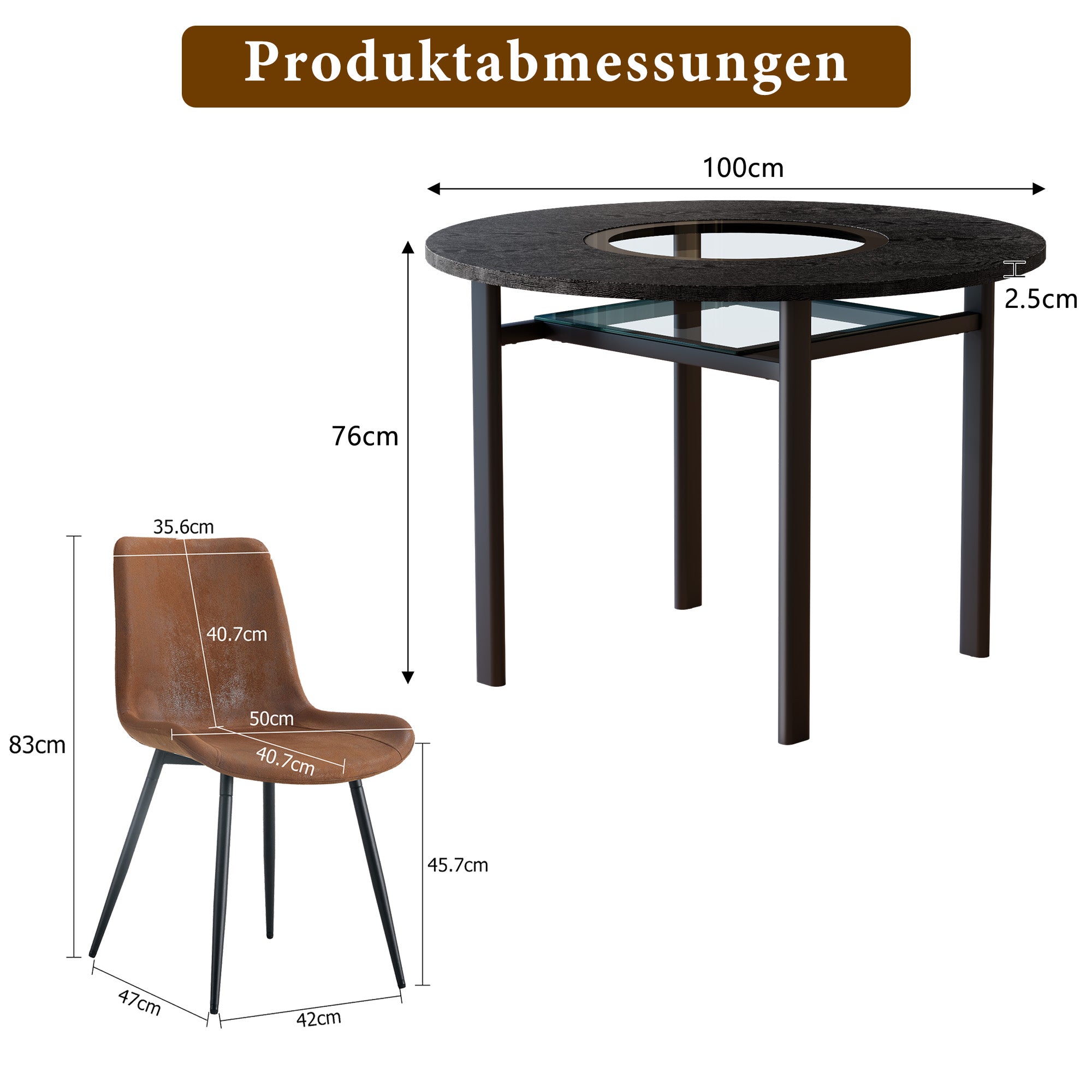 Modern Minimalist Round Table Set 100cm with 4 Tech Fabric Armchairs Black Wood Look & Brown