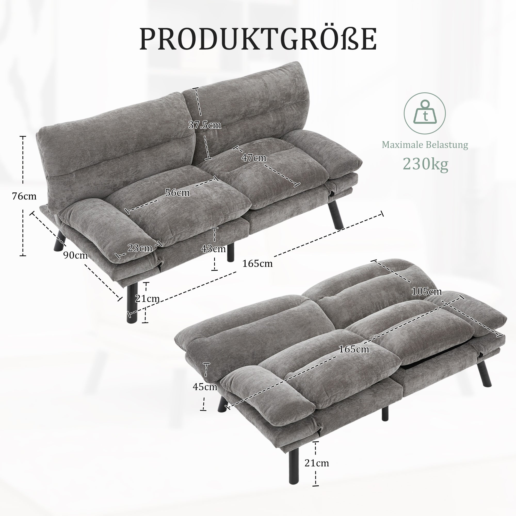 Two-Seater Sofa, Ergonomic Adjustable Design, Chenille