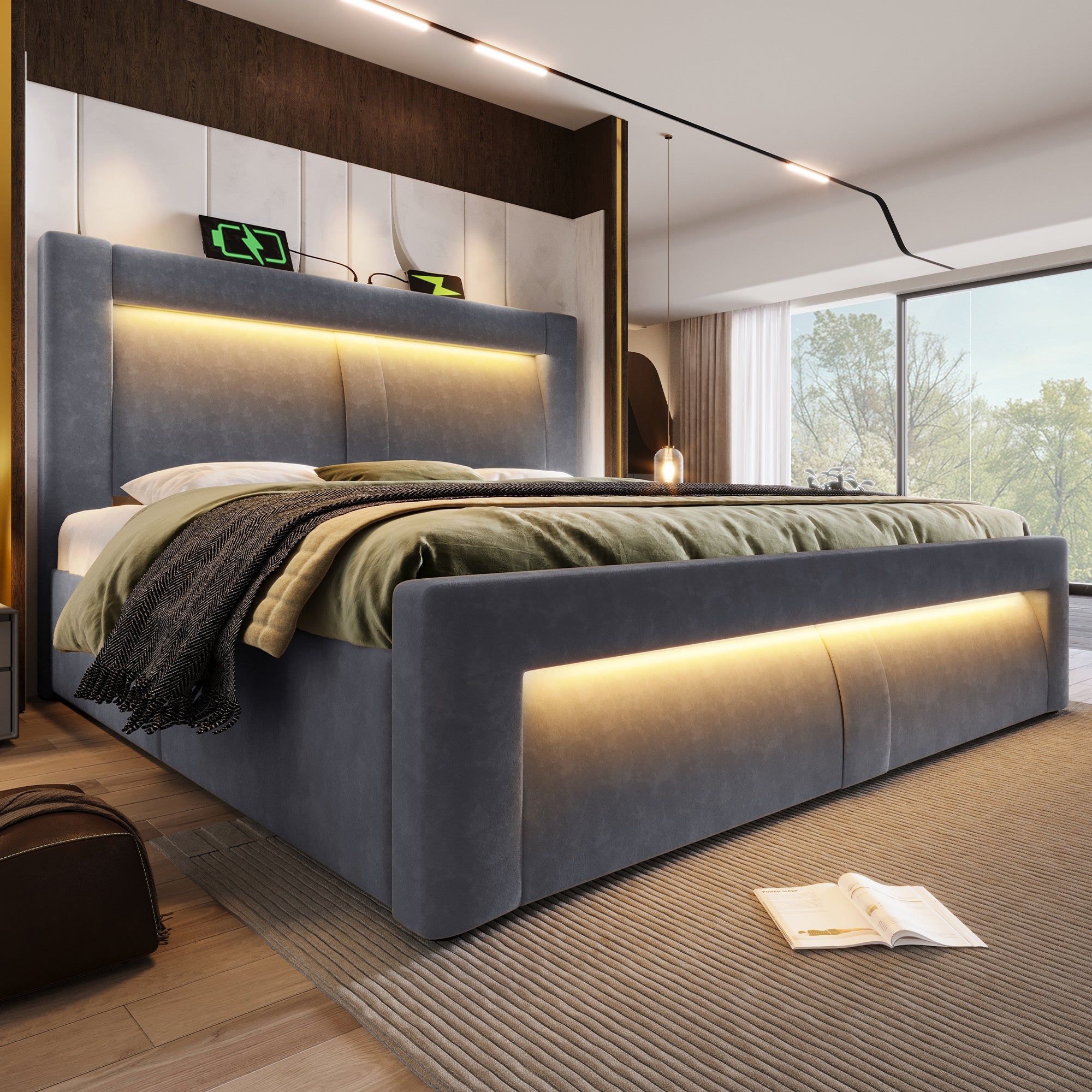Double Bed 140x200 cm with Hydraulic Storage, LED, USB and Type-C, Grey Velvet