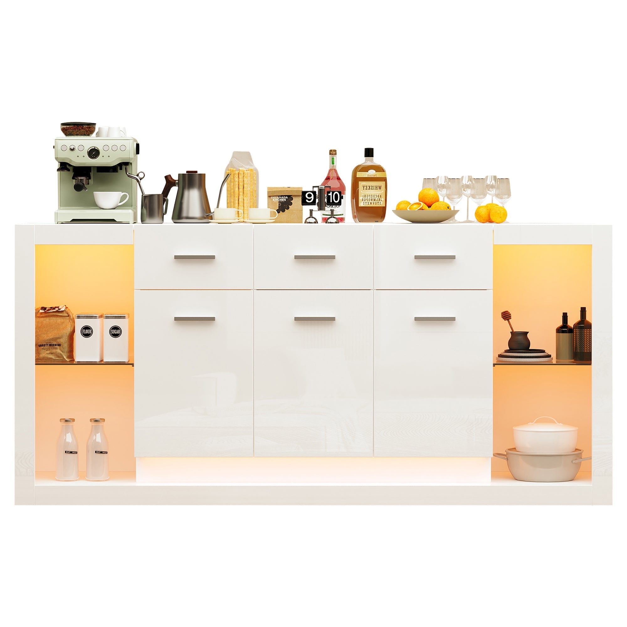 High-Gloss Sideboard 160cm with LED Light and 3 Drawers - White