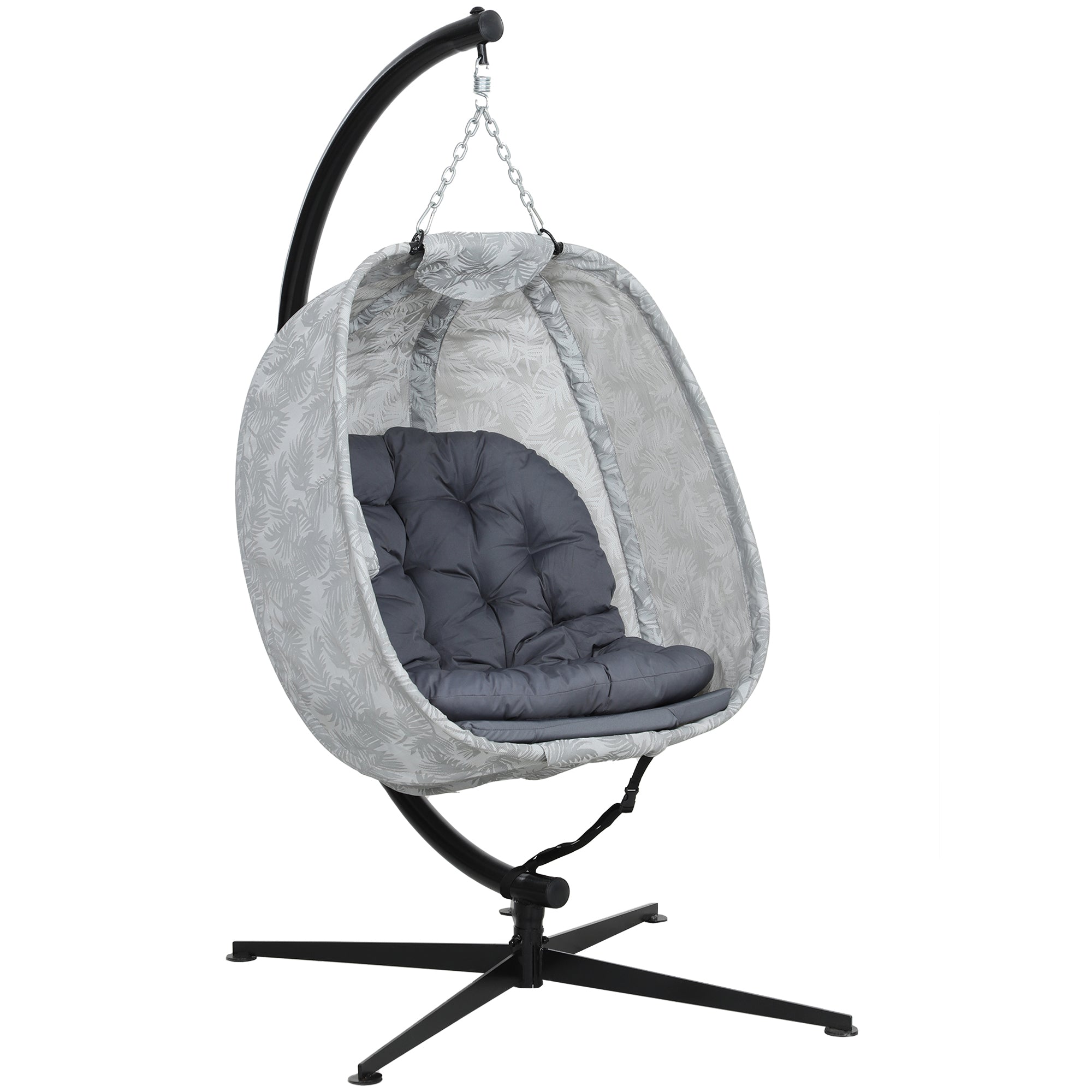 Hanging Egg Chair Folding Swing Chair with Stand, Thick Cushion, Cup Holder, Grey