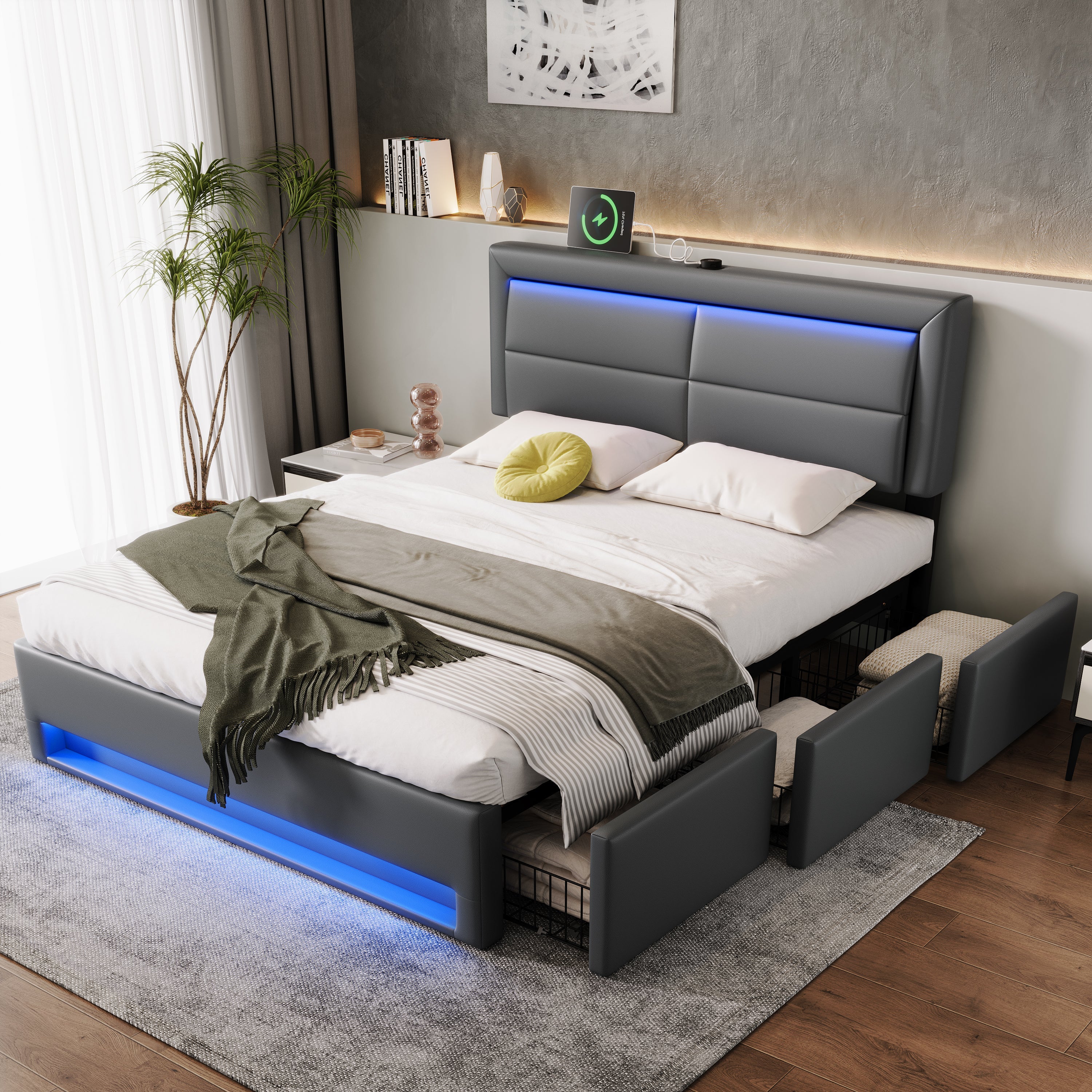 Upholstered Hydraulic Bed with USB, LED and 3 Storage Drawers, 140x190cm, Grey PU Leather