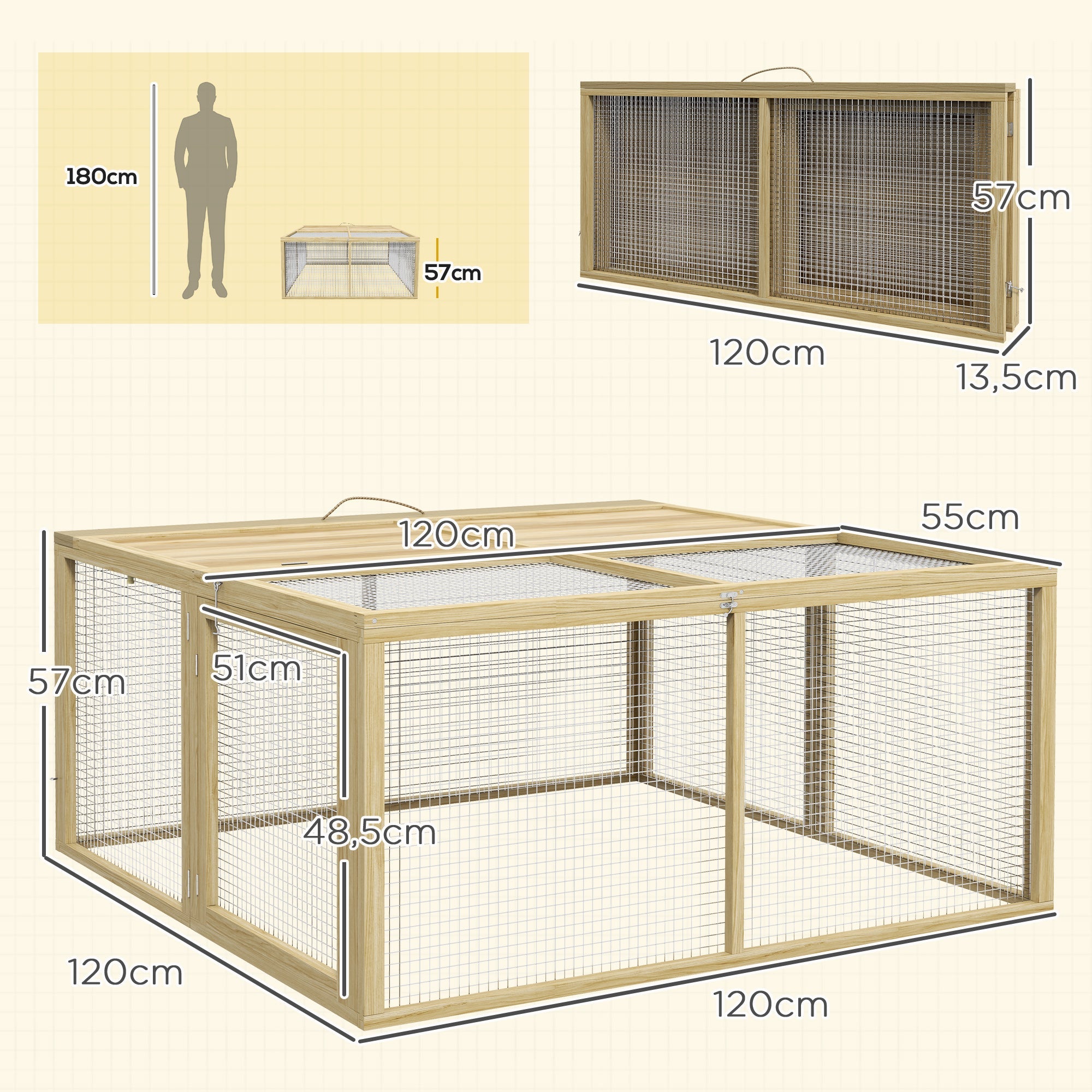 Wooden Rabbit Hutch, Foldable Outdoor Run with Roof, Natural Wood