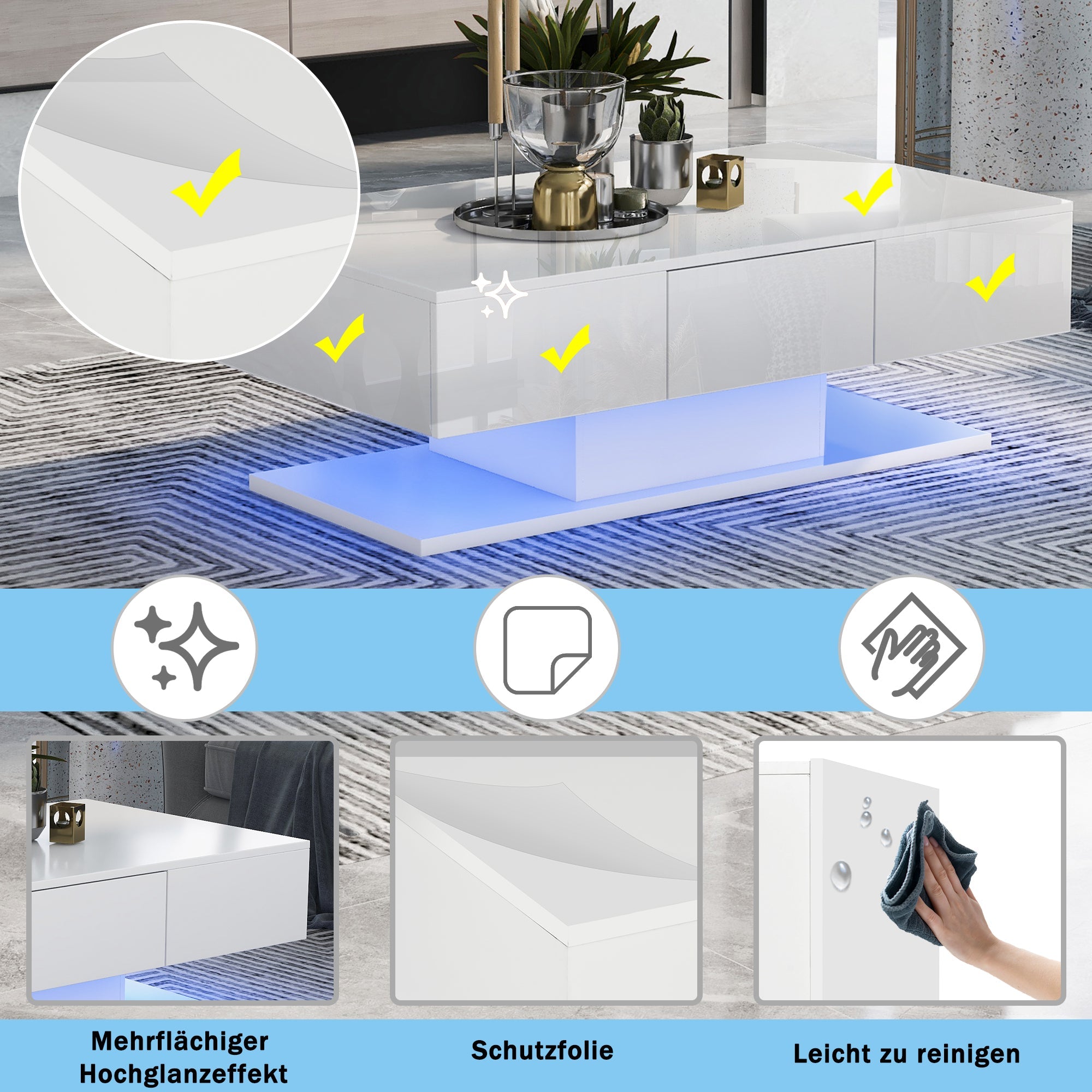 Tea Table, High Gloss Sofa Desk with 2 Drawers, 100cm White