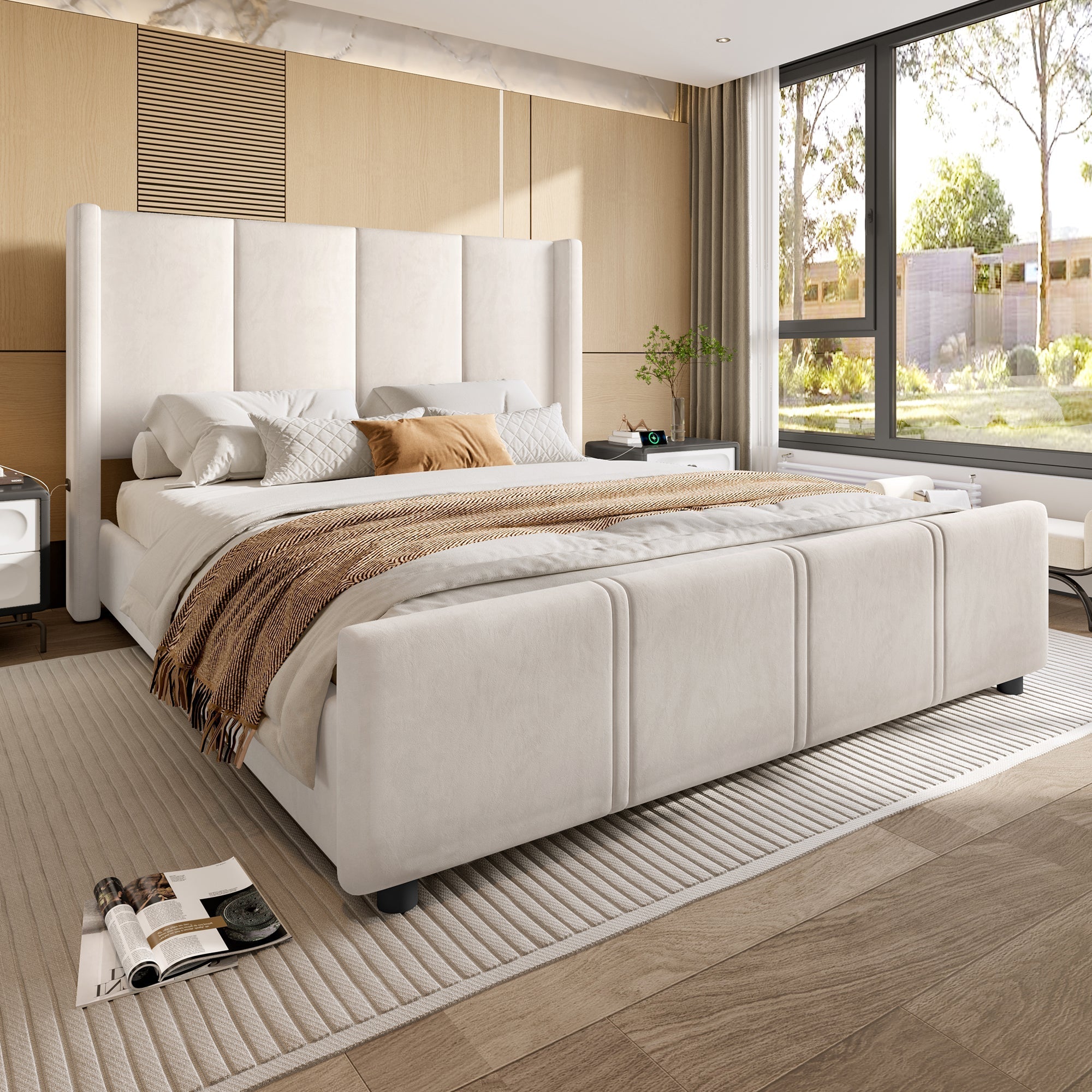 Upholstered Bed Frame, Modern High Headboard & Footboard, USB Port, Iron & Wood, Beige