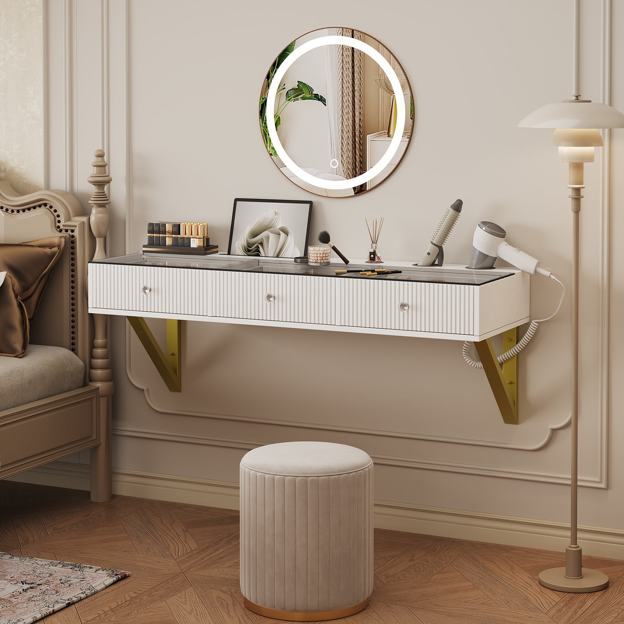 Wall-Mounted Vanity Table with 3 Drawers, Glass Top, Tablet and Cup Holder, White