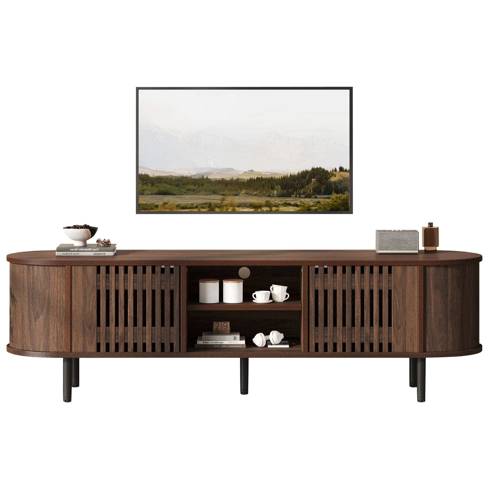 TV Cabinet Lowboard with 2 Cabinets, Openwork Wood Design, Walnut