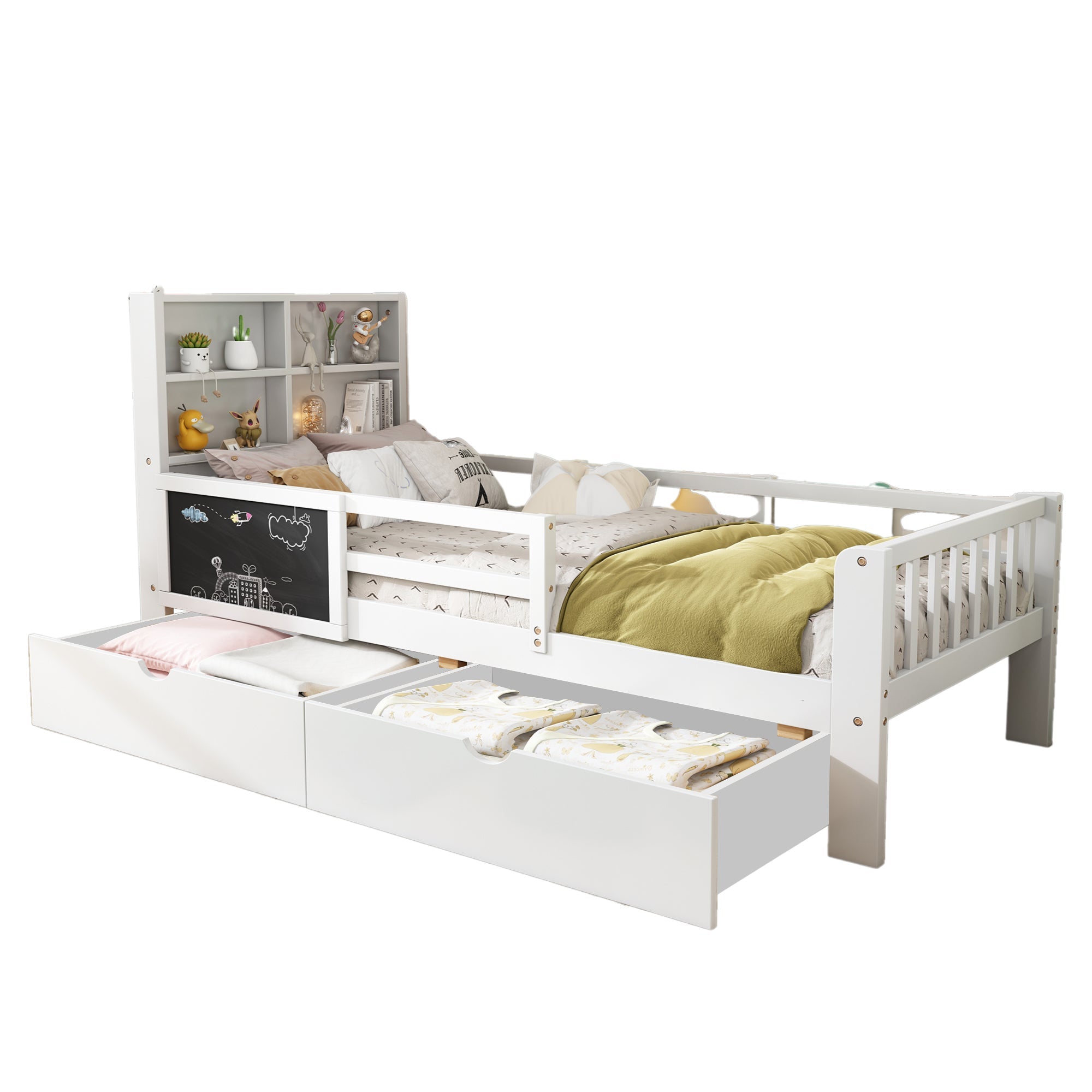 Multi-functional Children's Bed with Drawers and Chalkboard, 90x200cm, White
