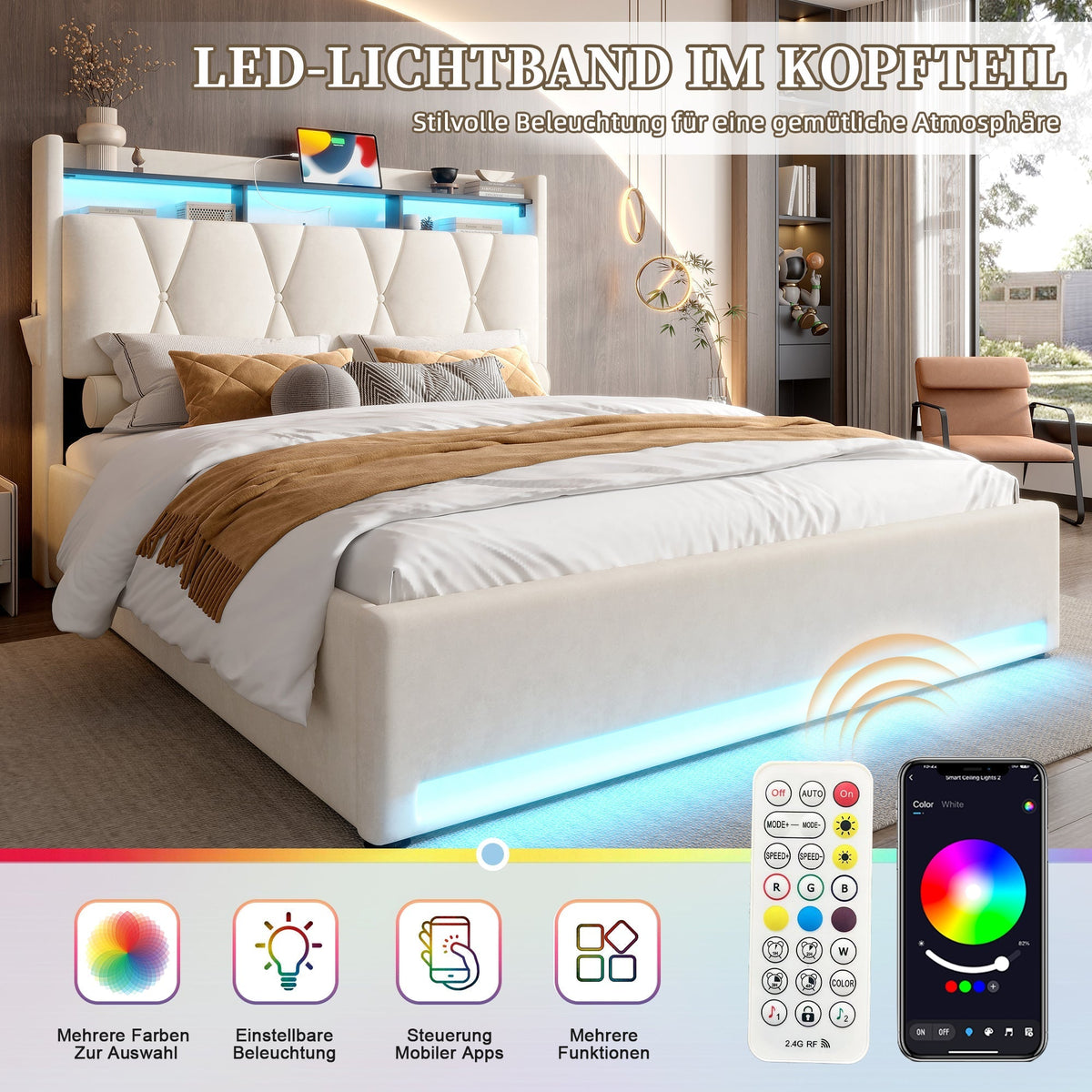 Upholstered Bed Frame 140x200 LED USB Hydraulic Storage Headboard, Beige