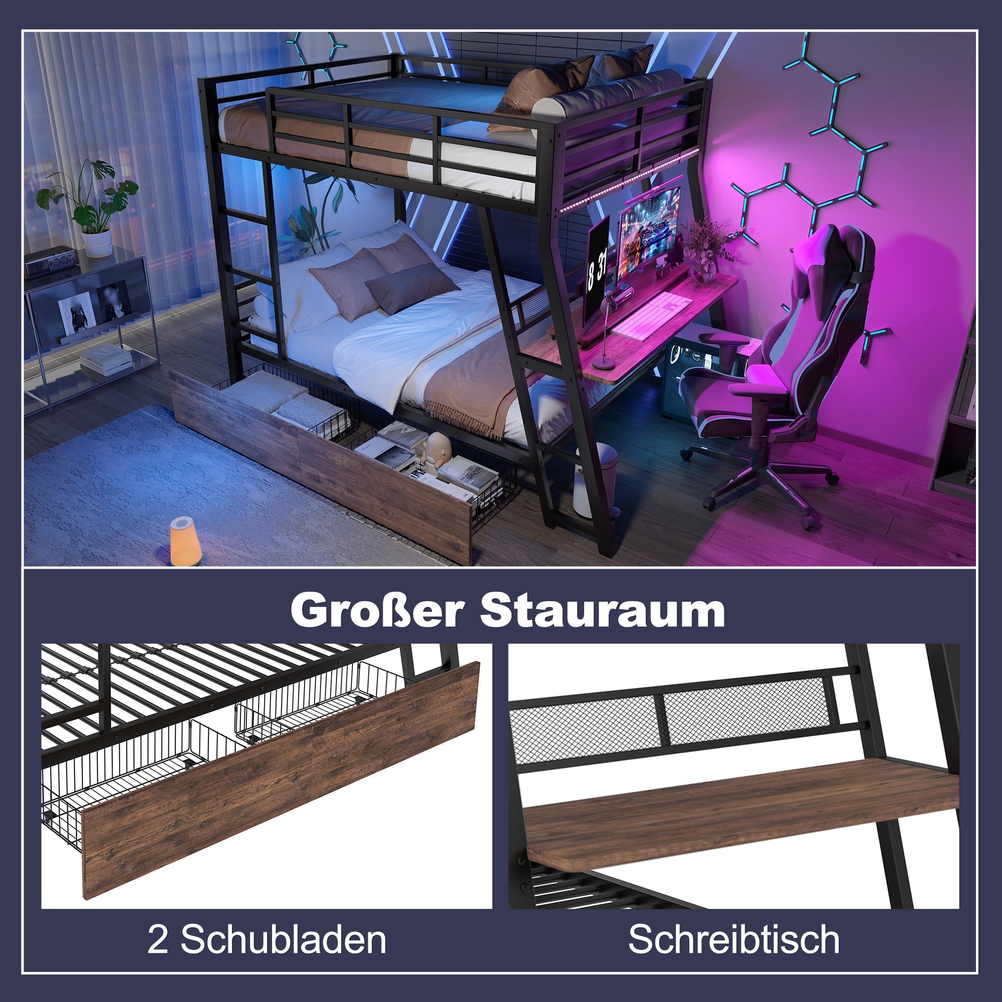 Loft Bed with Desk, LED Strip and Storage Drawers, Black Iron Frame