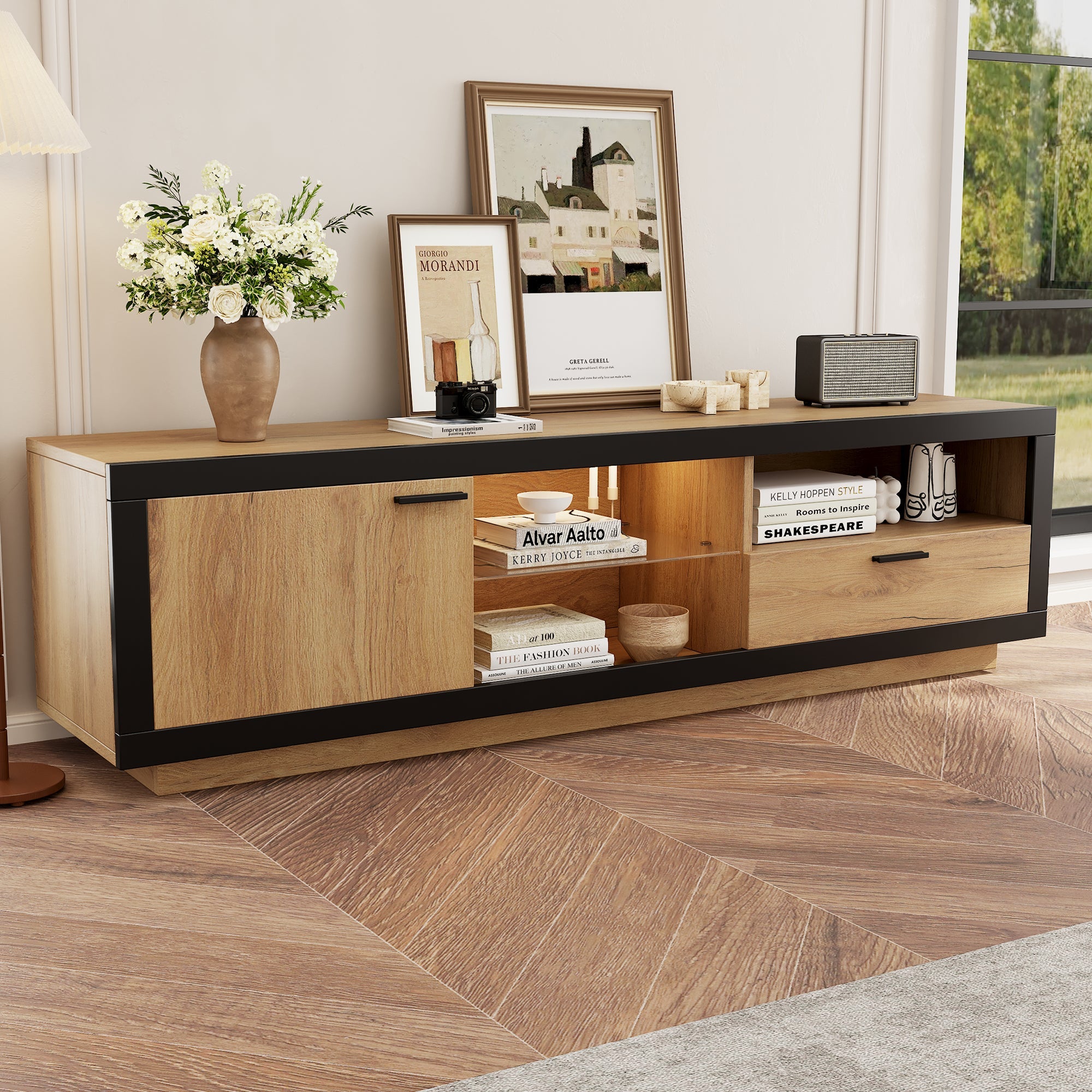 LED TV Cabinet Lowboard Console with Glass Shelves Storage for 70/65/55 Inch TVs, Black + Oak