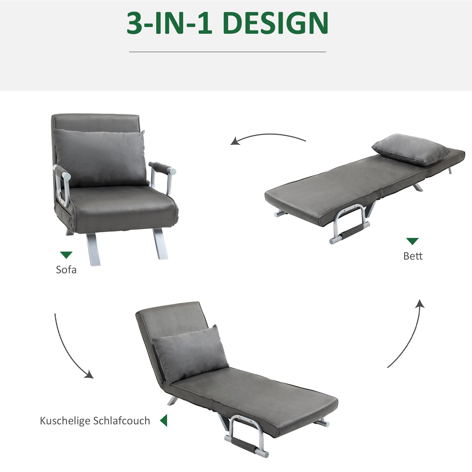 3-in-1 Sleeper Sofa Guest Bed Folding Mattress Chaise Lounge, Grey