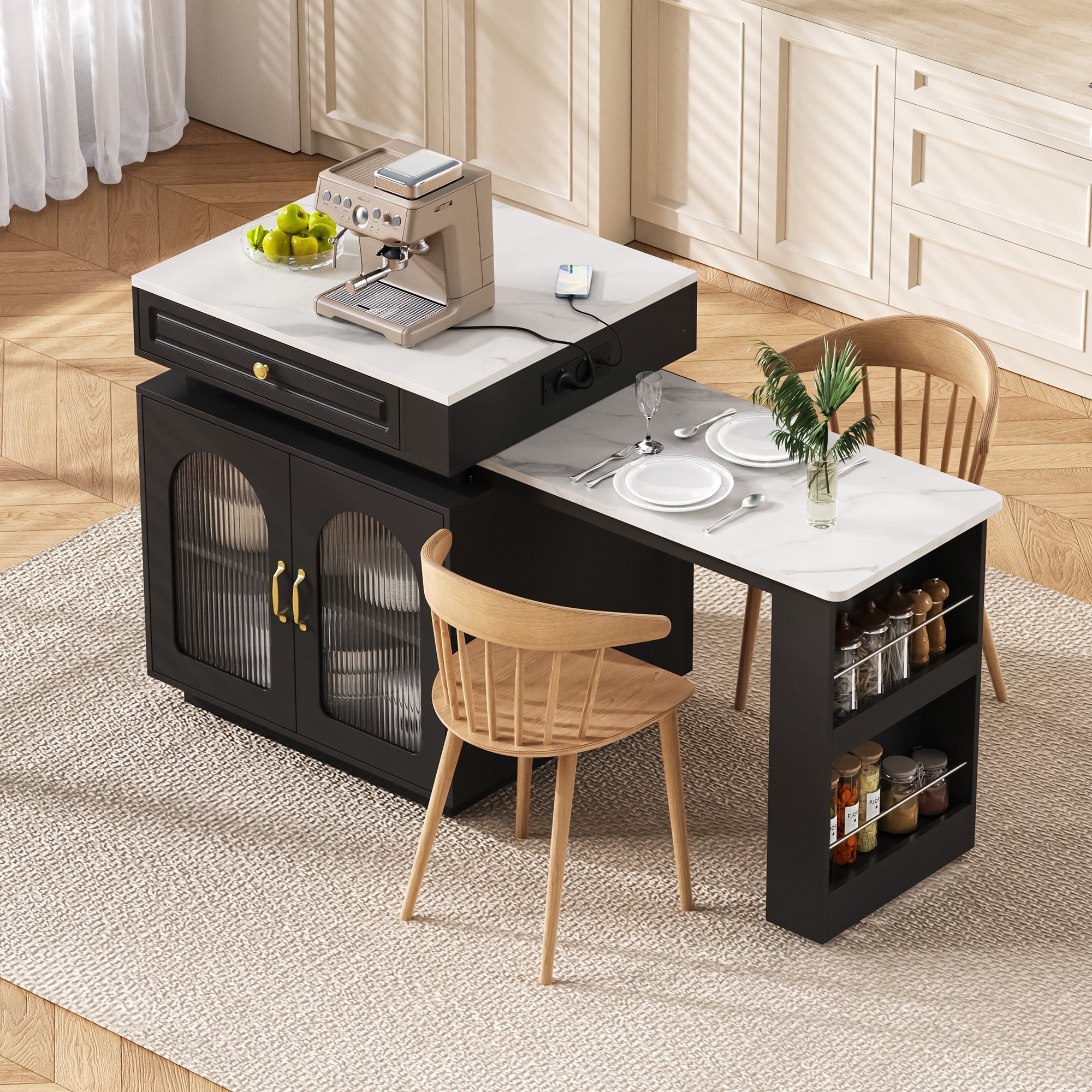 Kitchen Island Extendable Dining Table with Wheels LED Power Strips Black