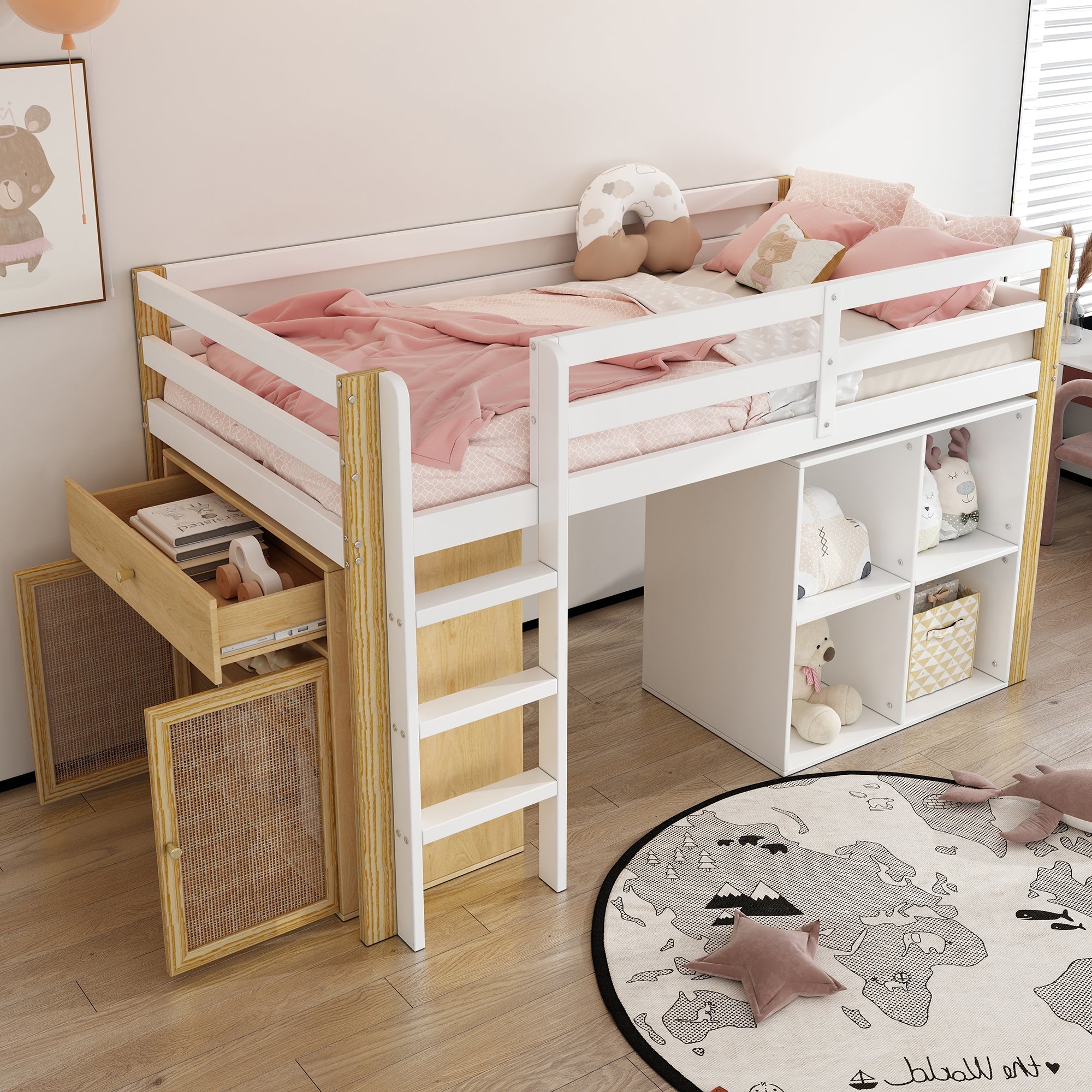Children's Loft Bed with 2 Storage Cabinets and Ladder, Natural and White