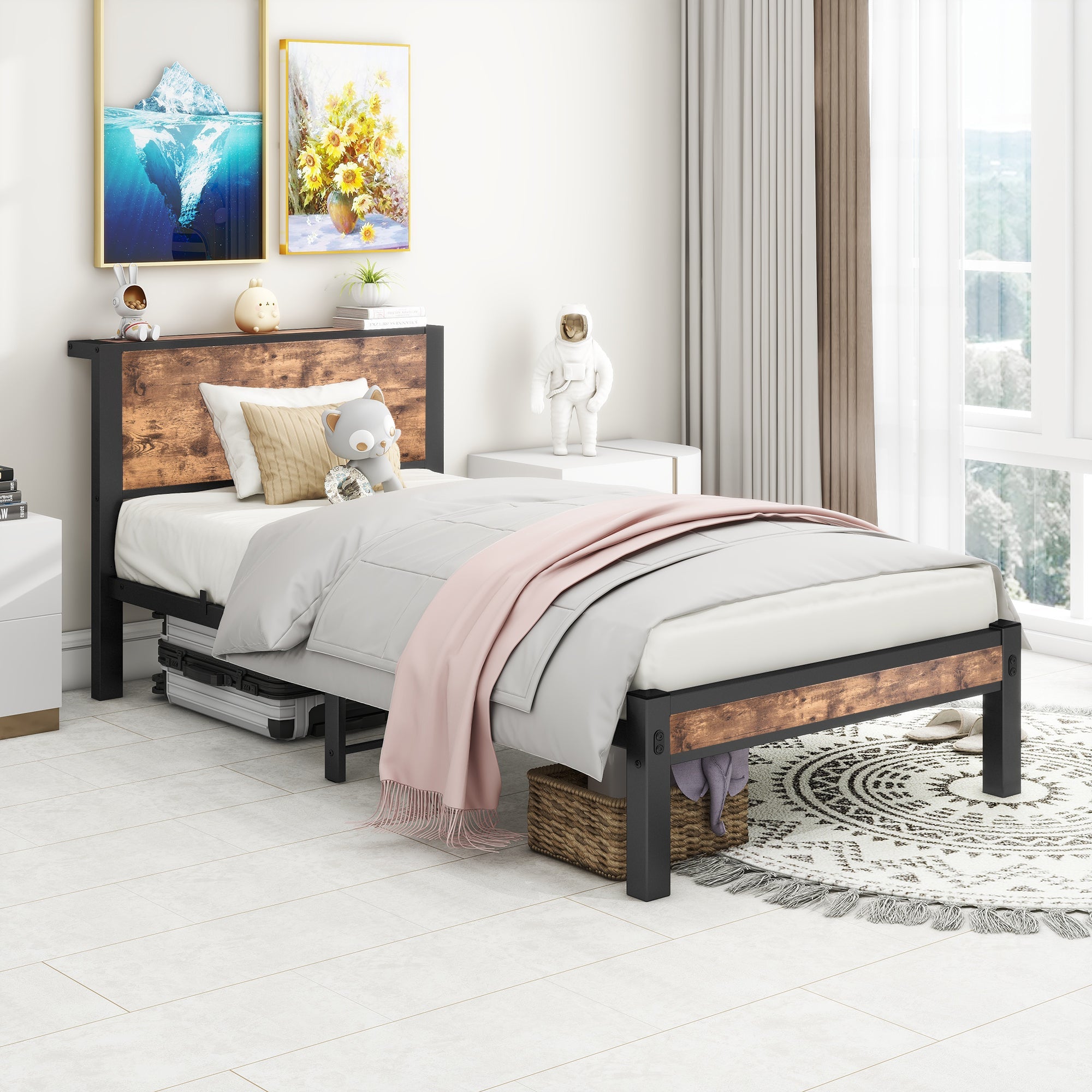 Metal Frame Single Bed, 90x200 cm with Storage Space, Vintage Brown