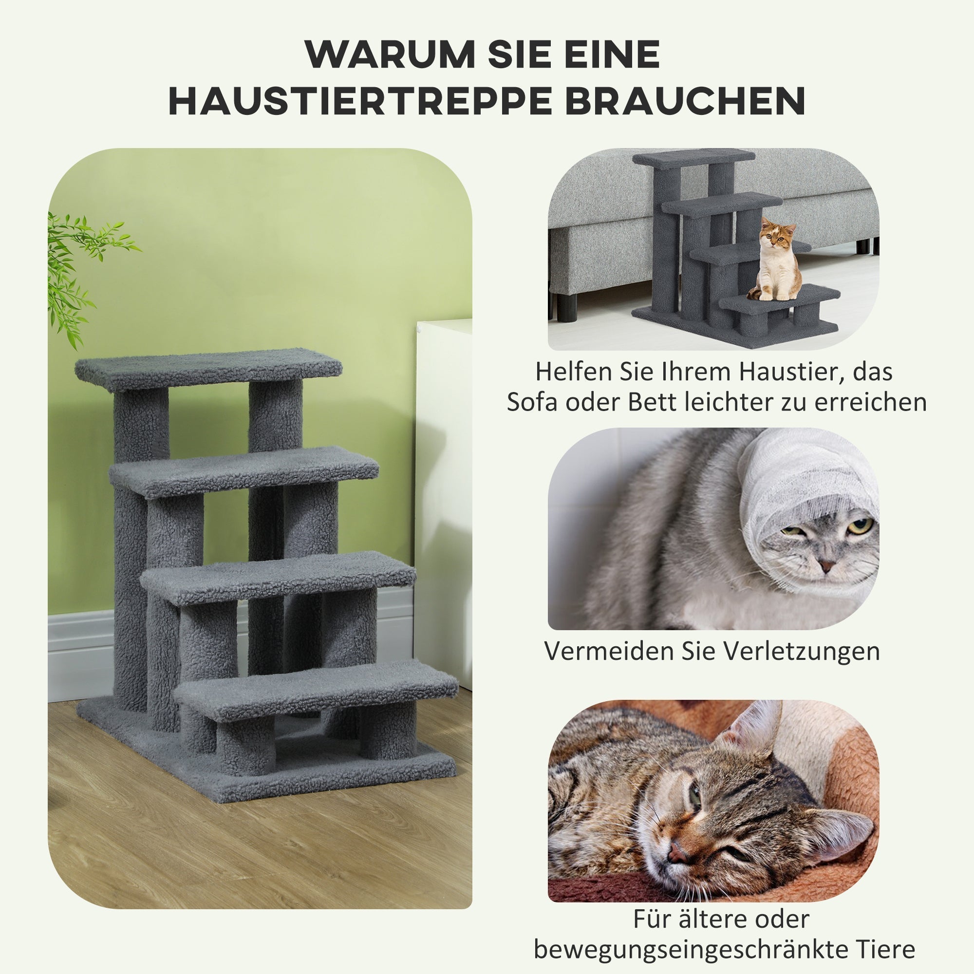 PawHut Pet Stairs 4 Steps for Cats and Dogs, Grey